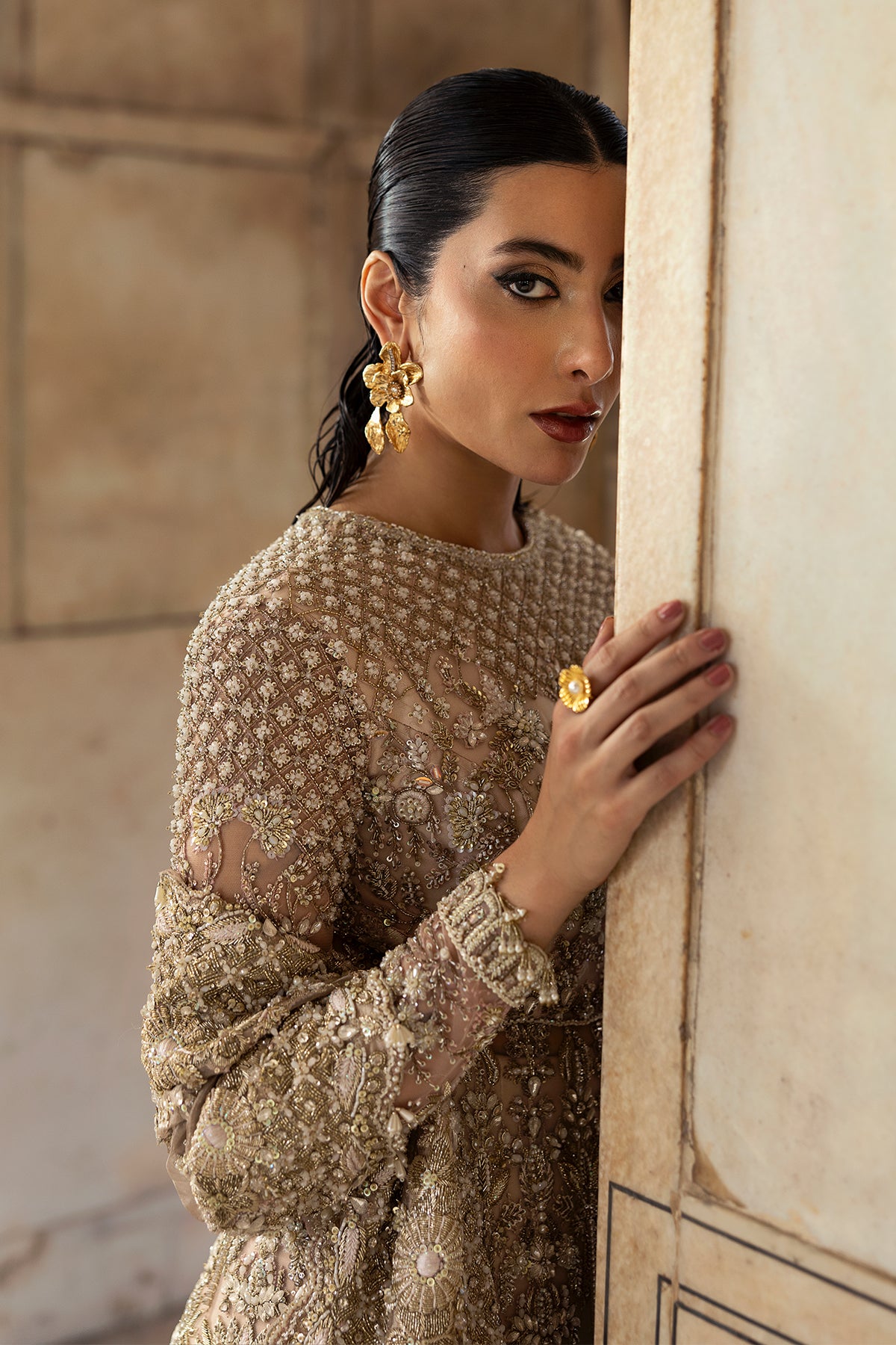 Nude Pink Embellished Net Pishwas Dress (3-Piece) - Image 14