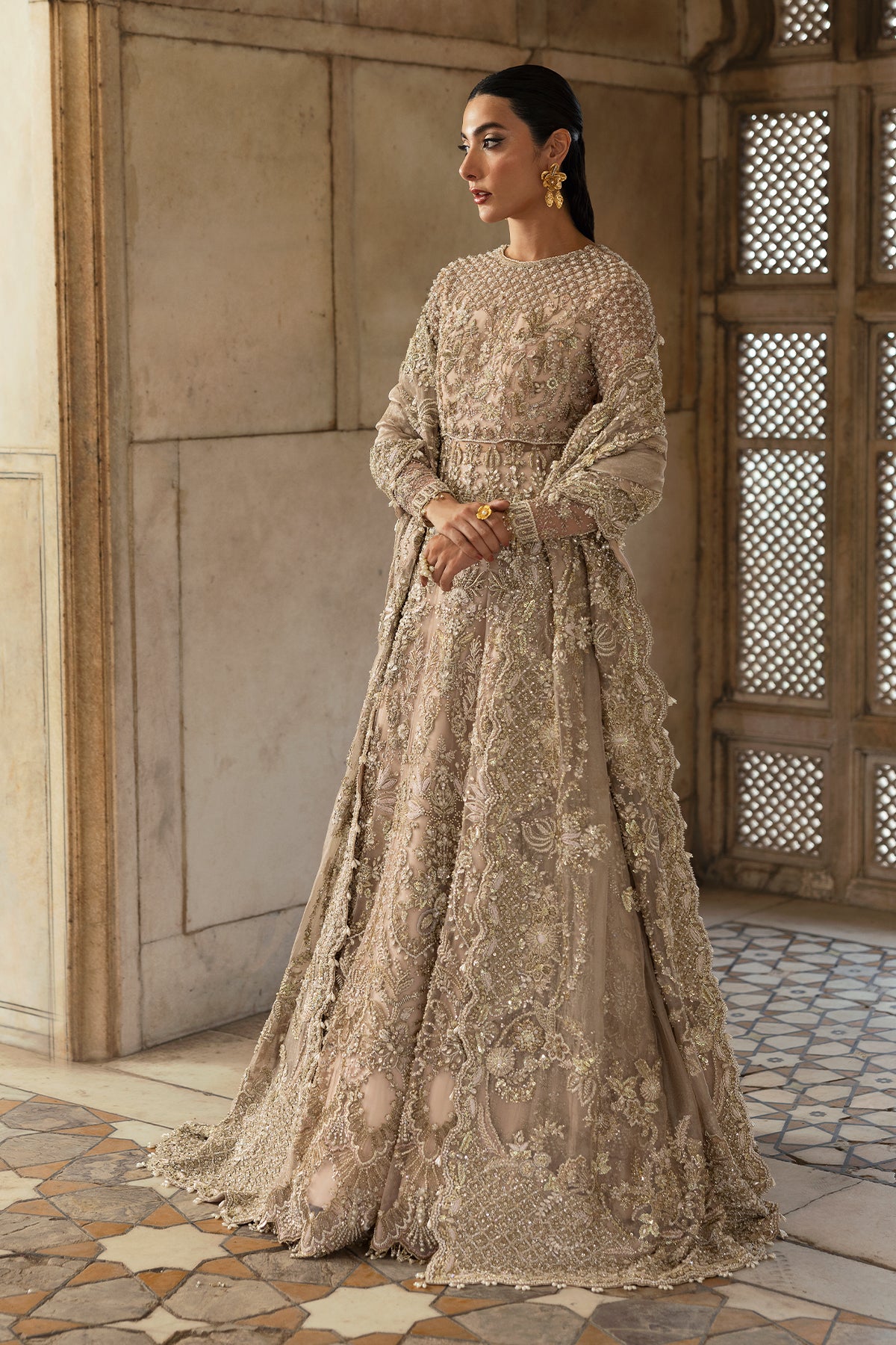 Nude Pink Embellished Net Pishwas Dress (3-Piece) - Image 15