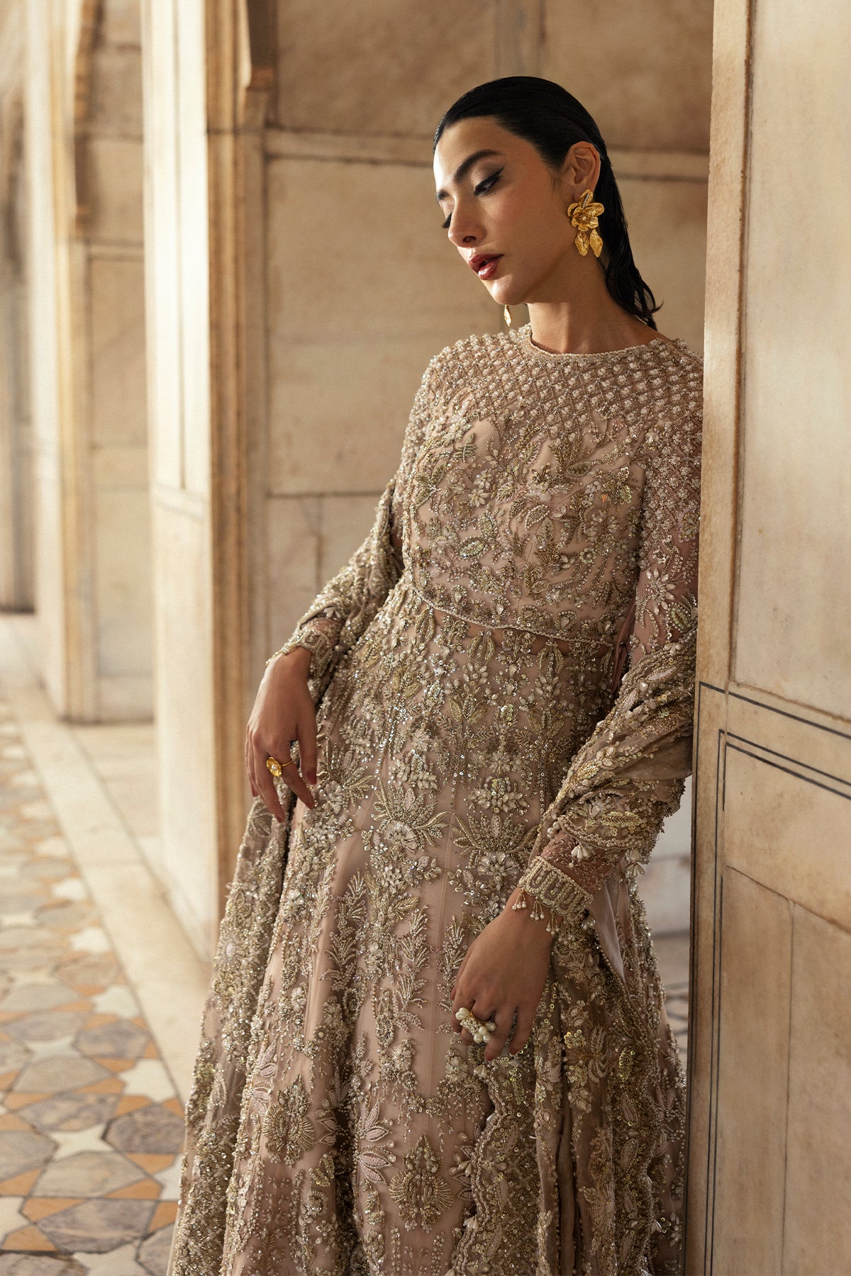 Nude Pink Embellished Net Pishwas Dress (3-Piece) - Image 16