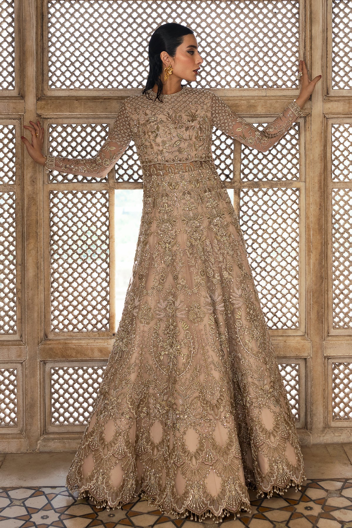 Nude Pink Embellished Net Pishwas Dress (3-Piece) - Image 17