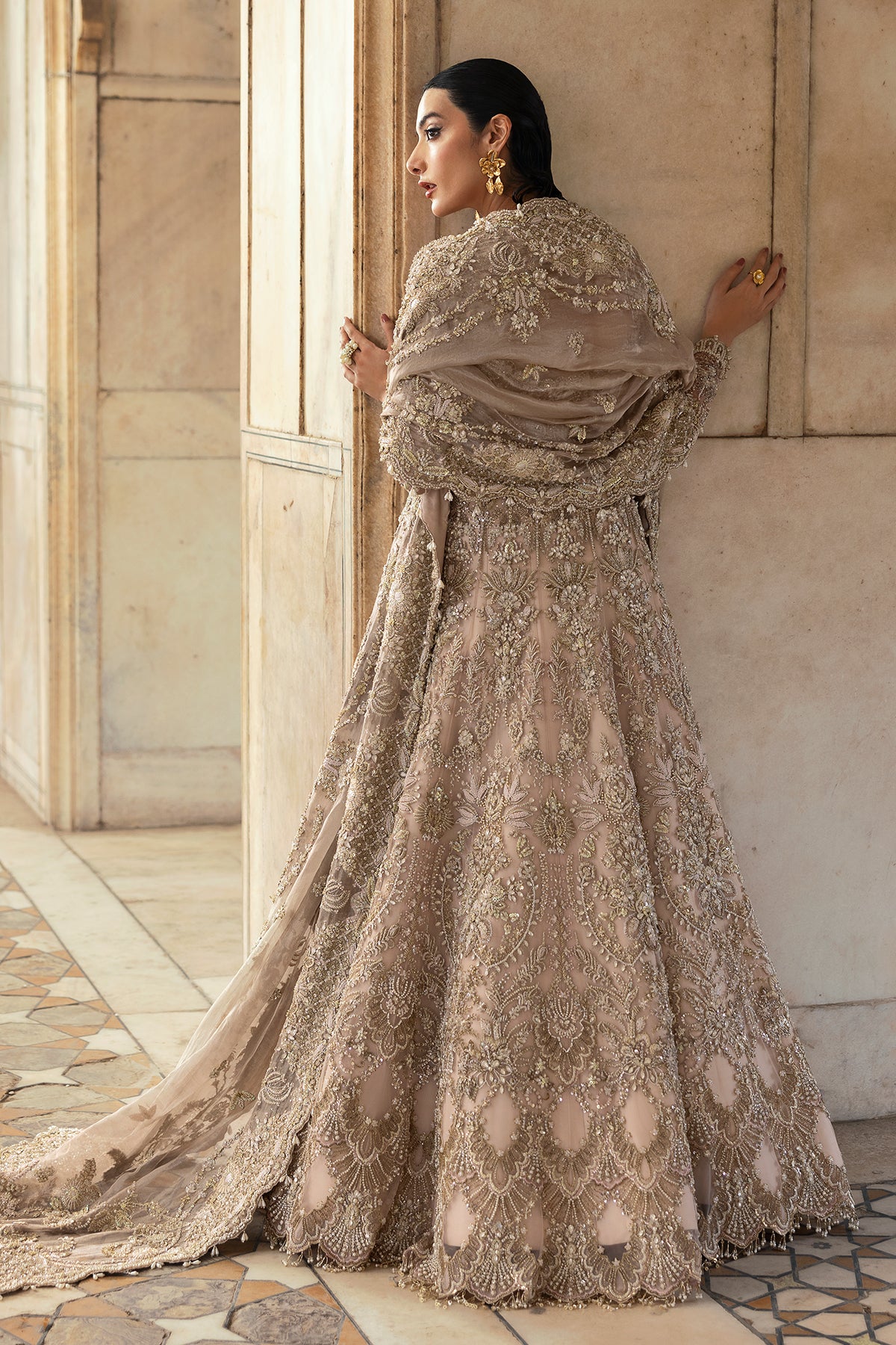 Nude Pink Embellished Net Pishwas Dress (3-Piece) - Image 19