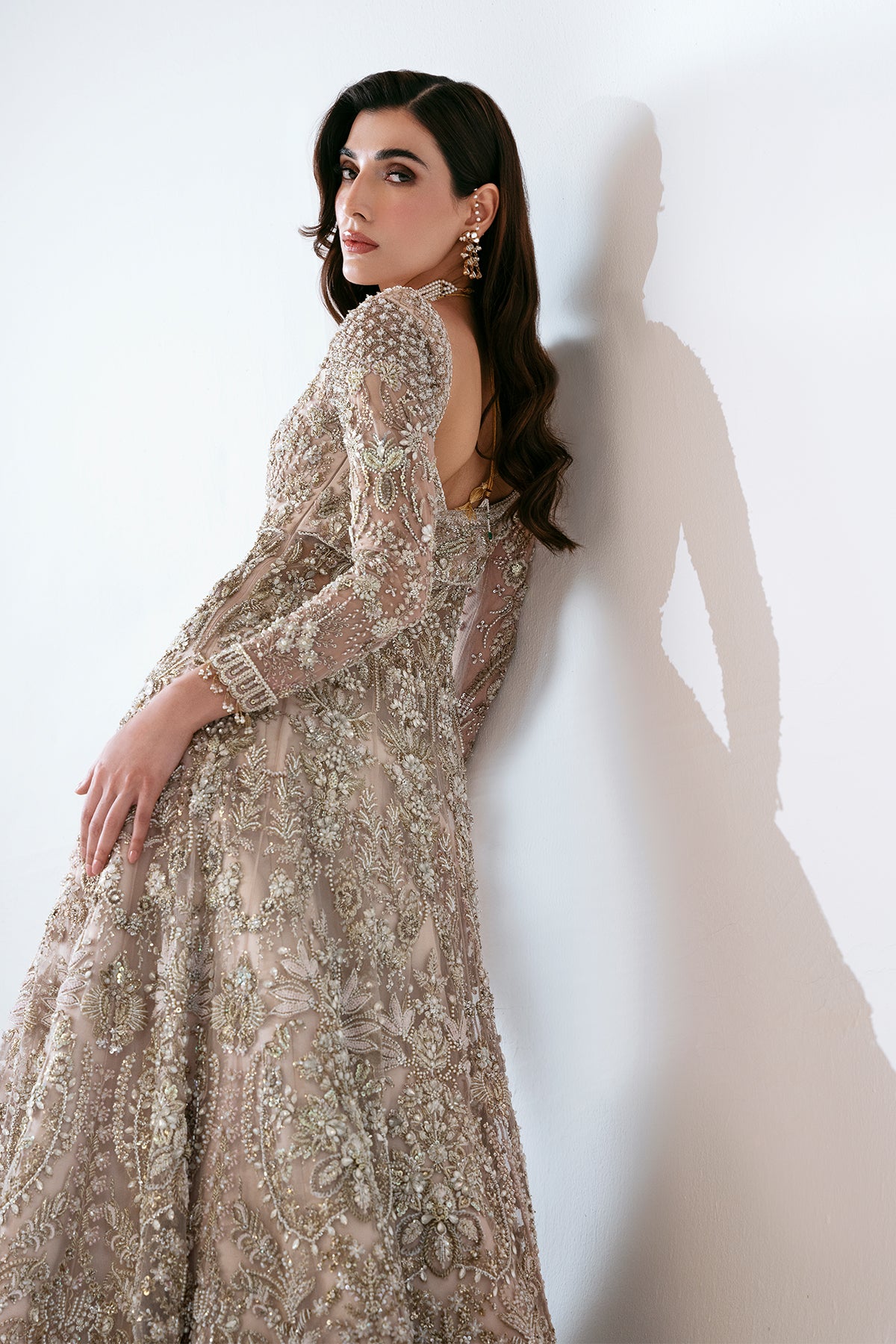 Nude Pink Embellished Net Pishwas Dress (3-Piece) - Image 4