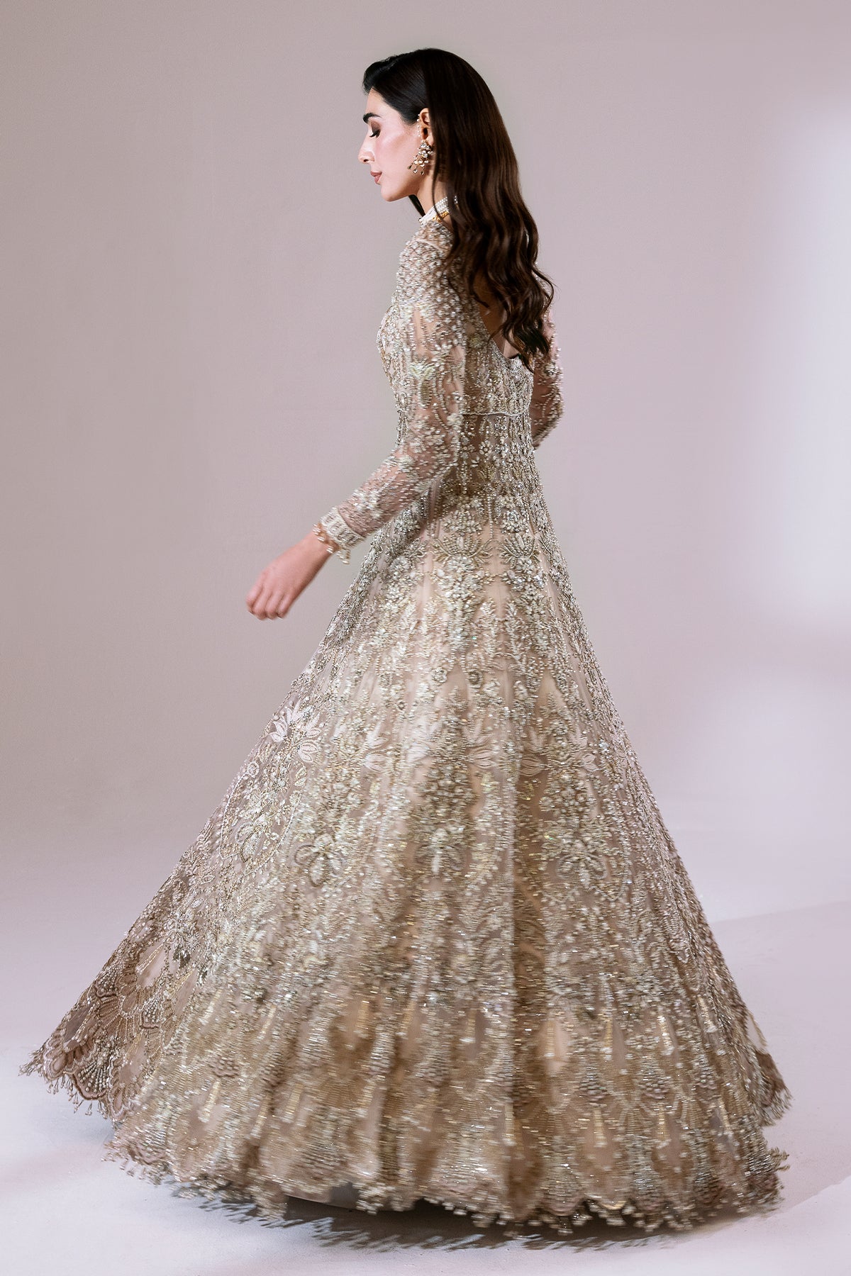 Nude Pink Embellished Net Pishwas Dress (3-Piece) - Image 6