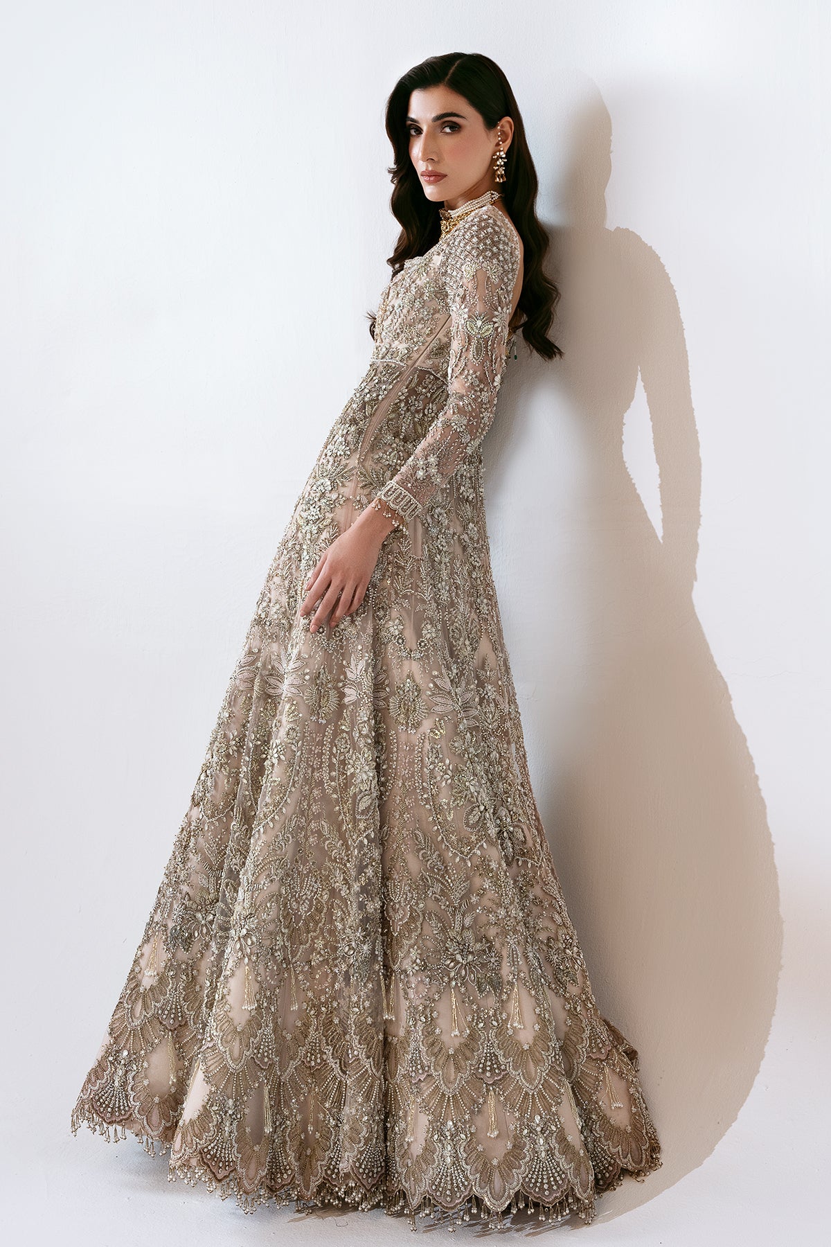 Nude Pink Embellished Net Pishwas Dress (3-Piece) - Image 7