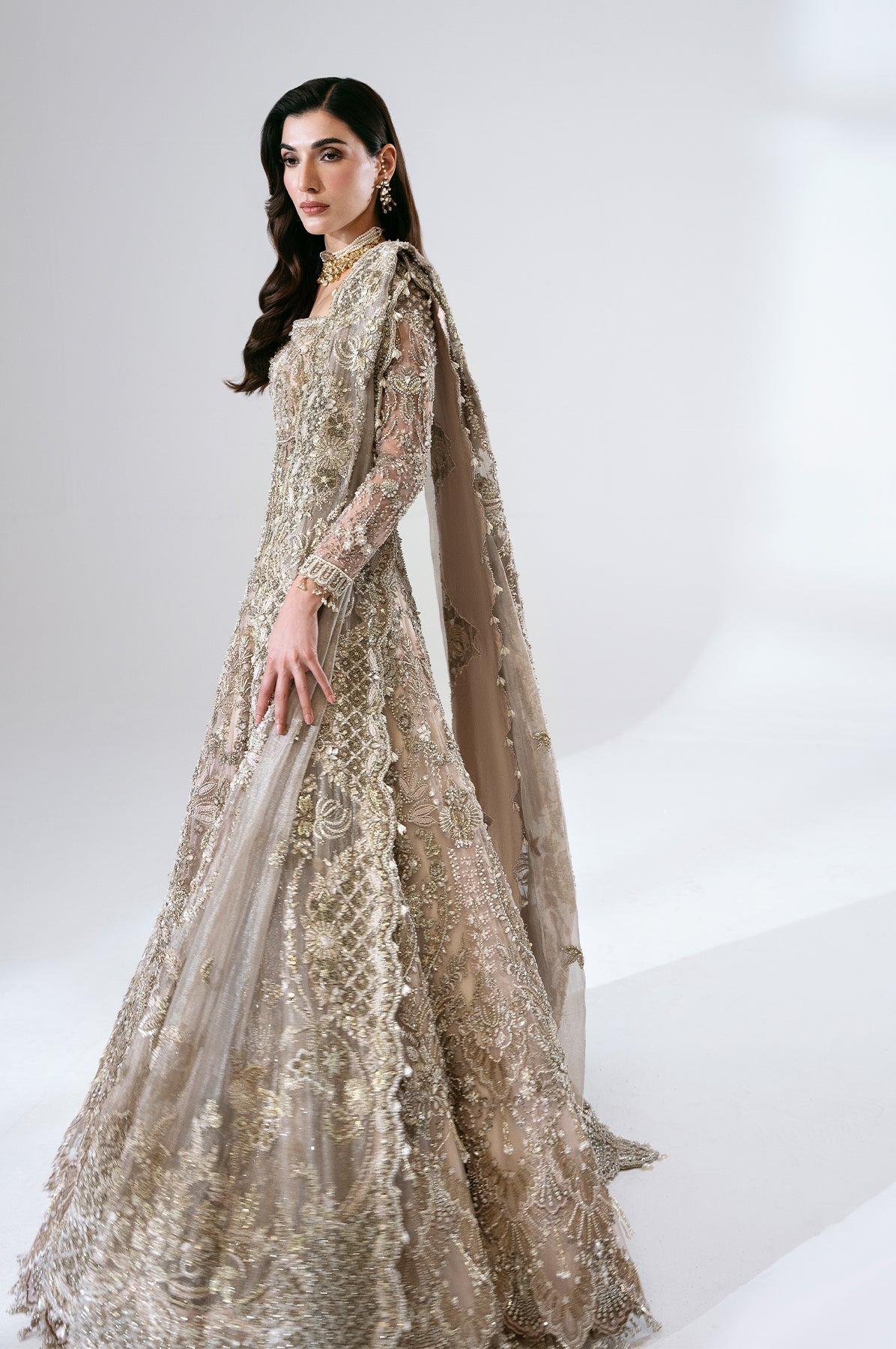 Nude Pink Embellished Net Pishwas Dress (3-Piece) - Image 8