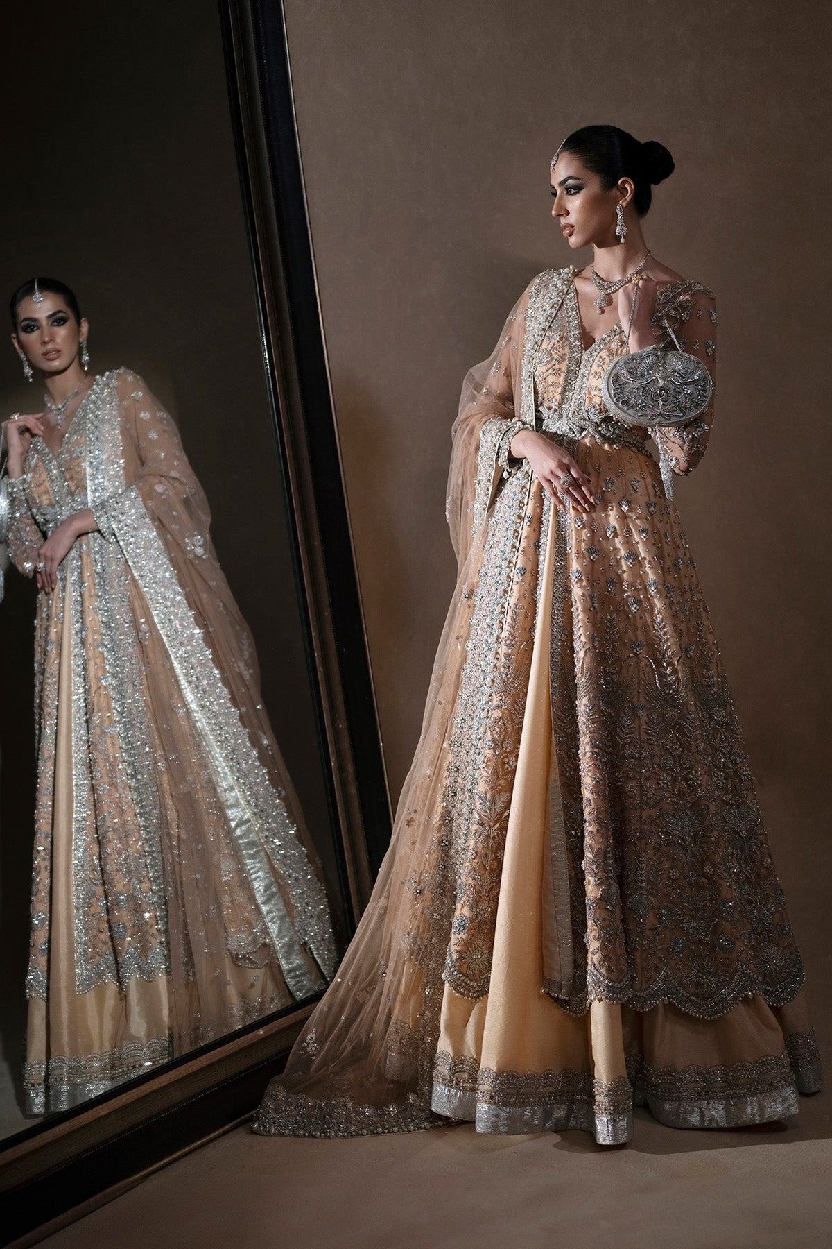 Peach Silver Hand-Embellished Net Pishwas (3-Piece) - Image 1