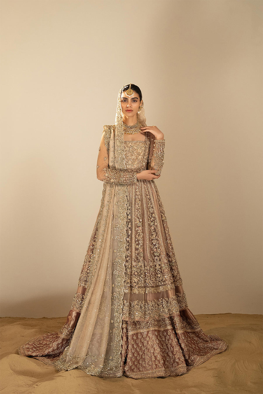 Pakistani Dusty Pink Zardozi Net Pishwas Dress (3-Piece) - Image 1
