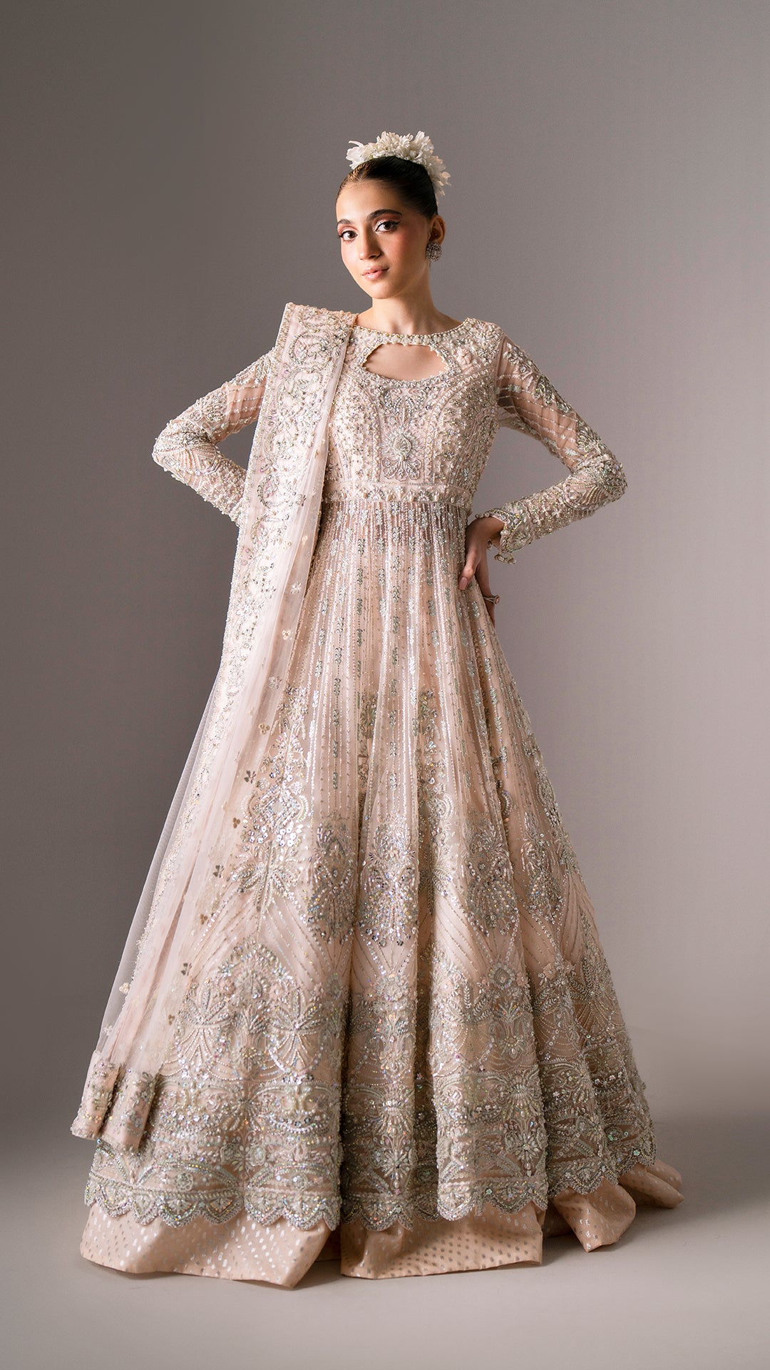 Blush Pink Hand-Embellished Net Pishwas (3-Piece) - Image 1