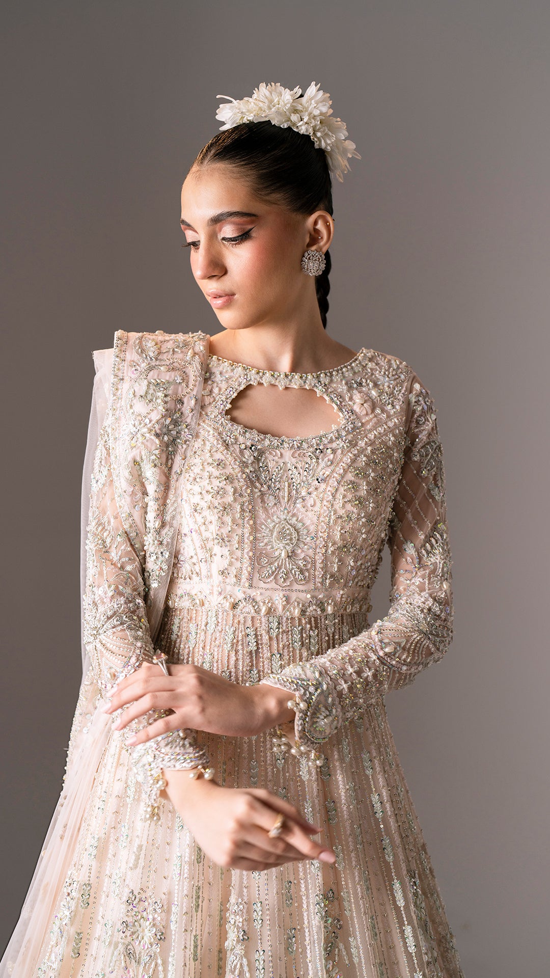 Blush Pink Hand-Embellished Net Pishwas (3-Piece) - Image 3