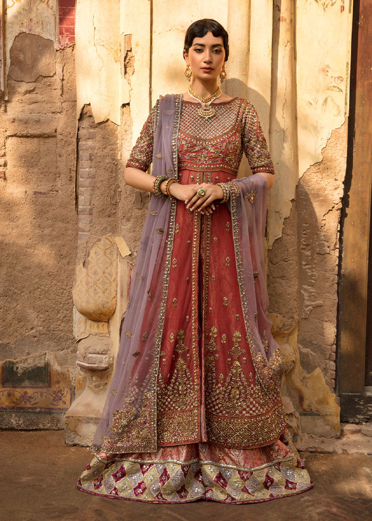 Pakistani Coral Zardozi Net Pishwas Dress (3-Piece) - Image 1