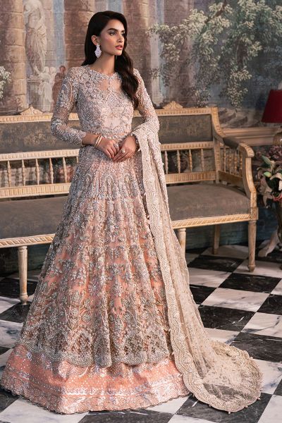 Peach Embellished Net Pishwas Dress (3-Piece) - Image 1