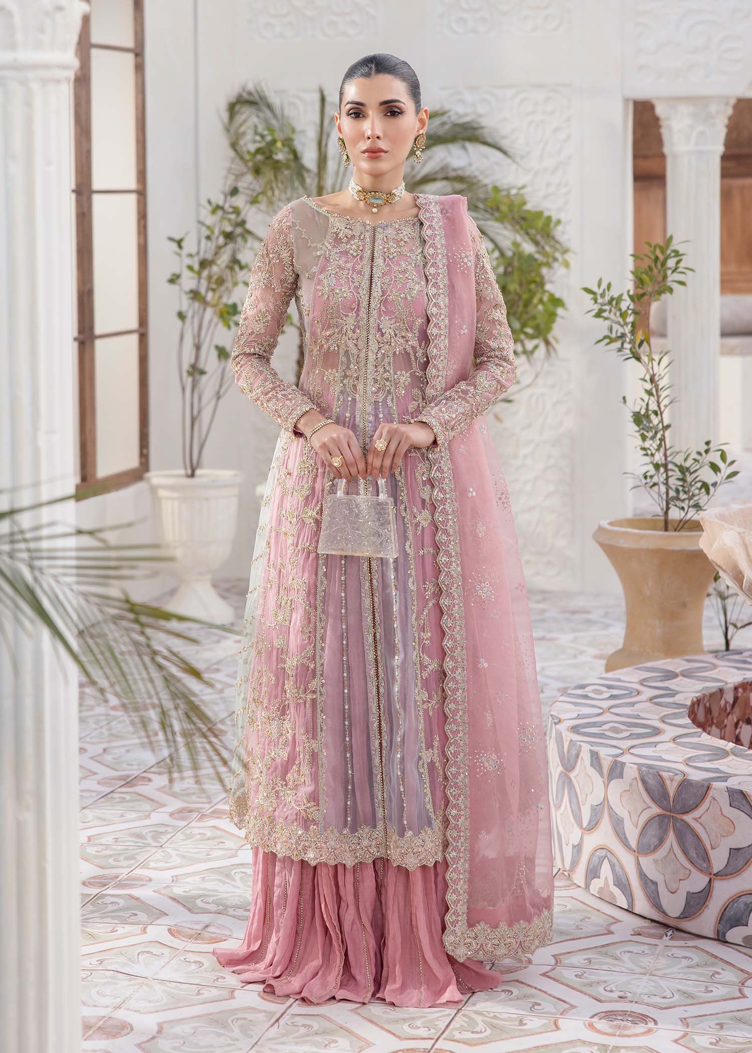 Indian Pink Embroidered Net Pishwas Dress (4-Piece) - Image 1