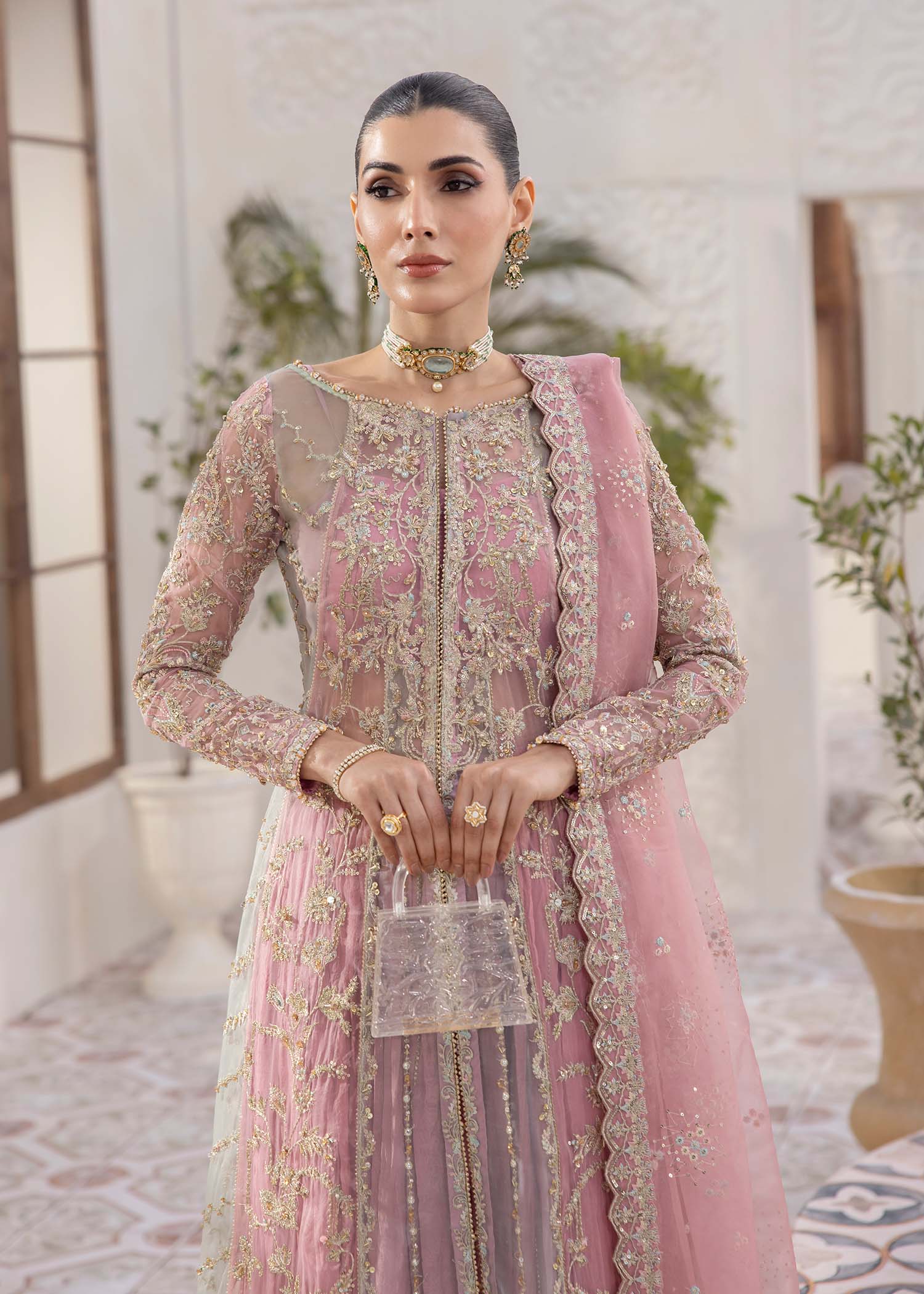 Indian Pink Embroidered Net Pishwas Dress (4-Piece) - Image 2