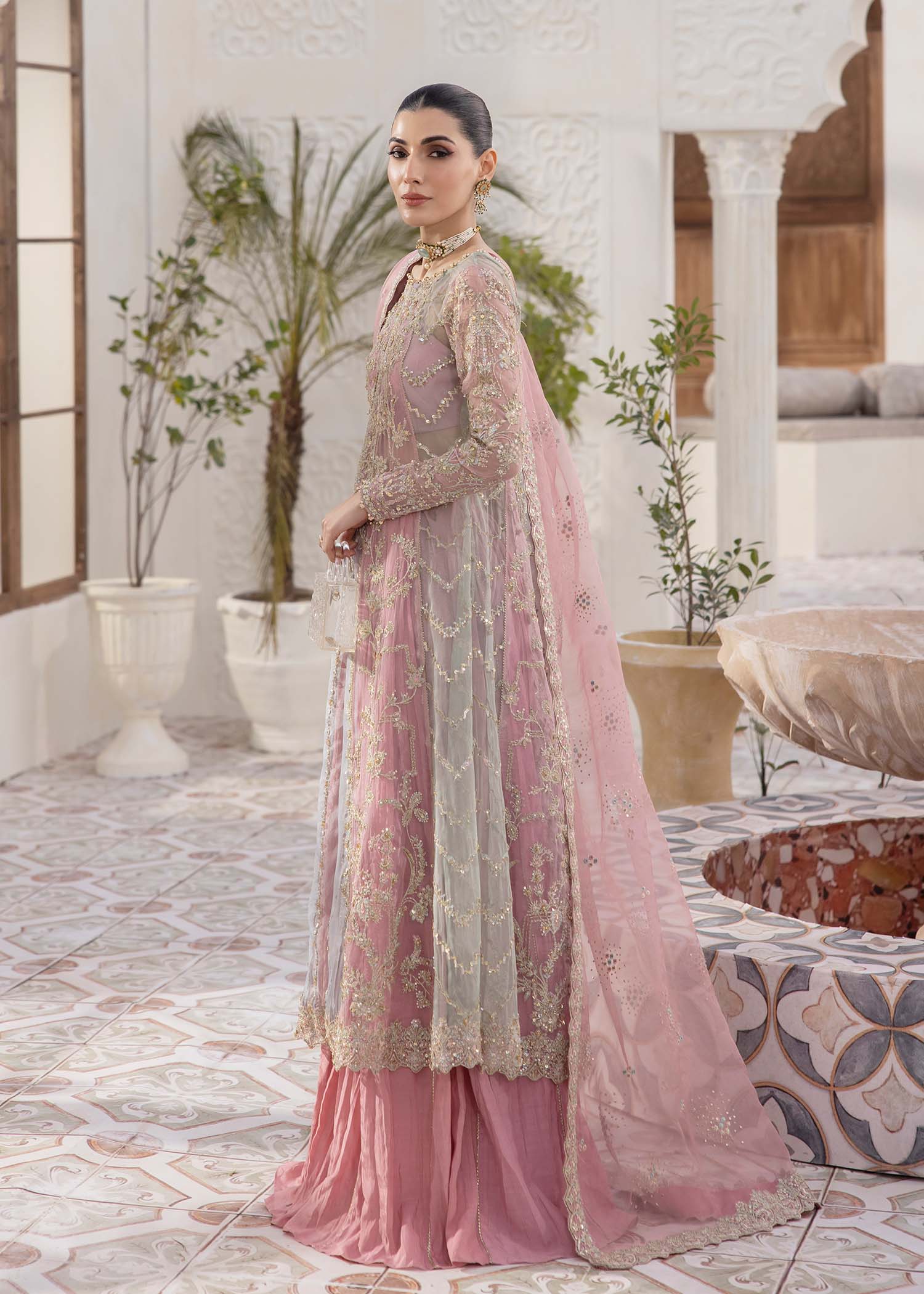 Indian Pink Embroidered Net Pishwas Dress (4-Piece) - Image 4