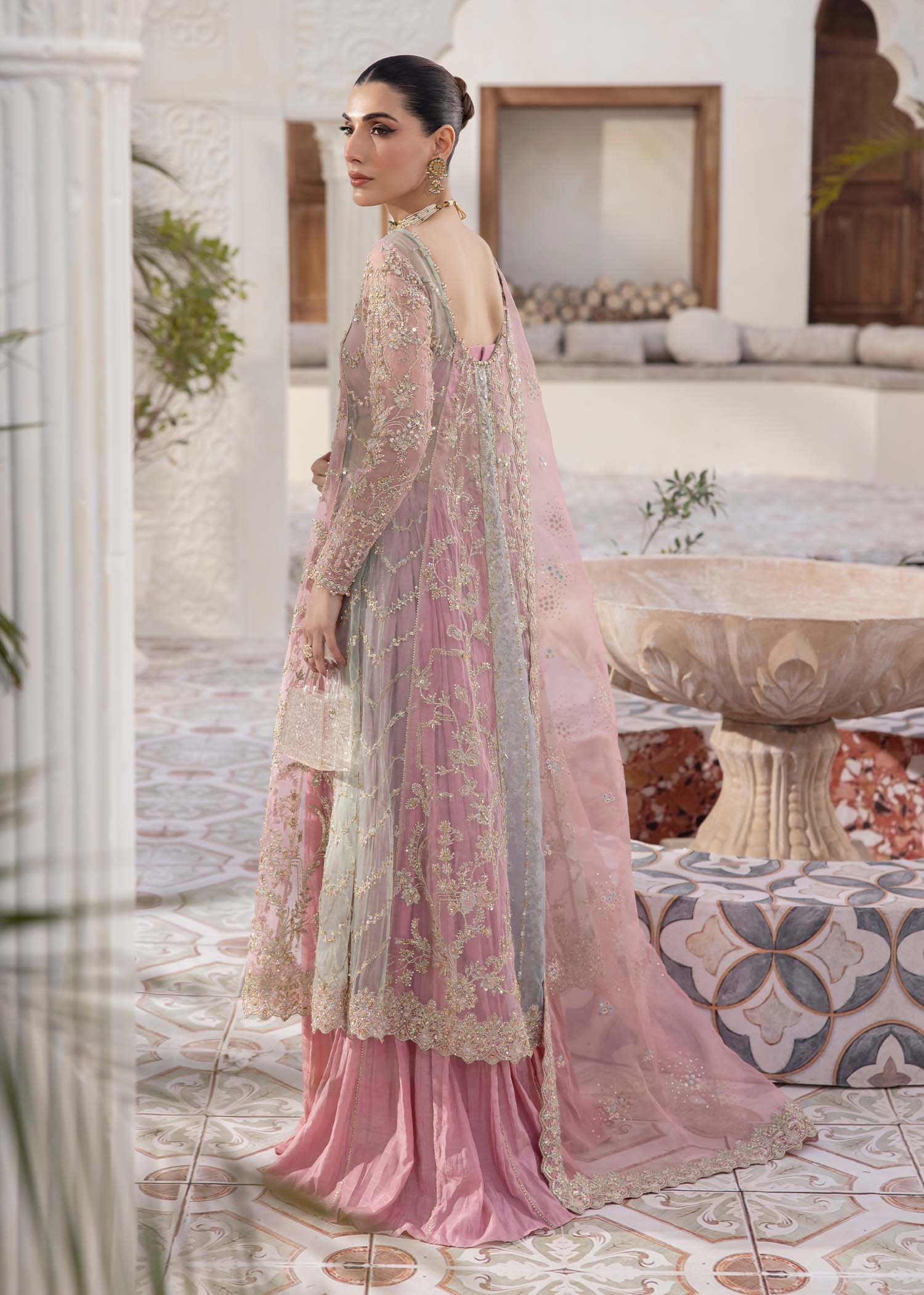 Indian Pink Embroidered Net Pishwas Dress (4-Piece) - Image 6
