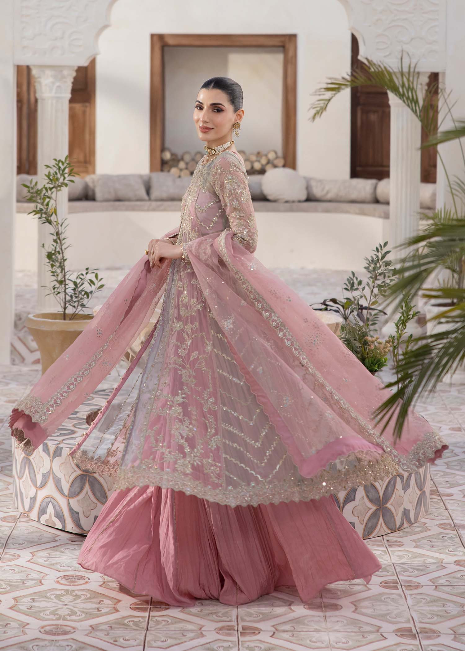 Indian Pink Embroidered Net Pishwas Dress (4-Piece) - Image 7