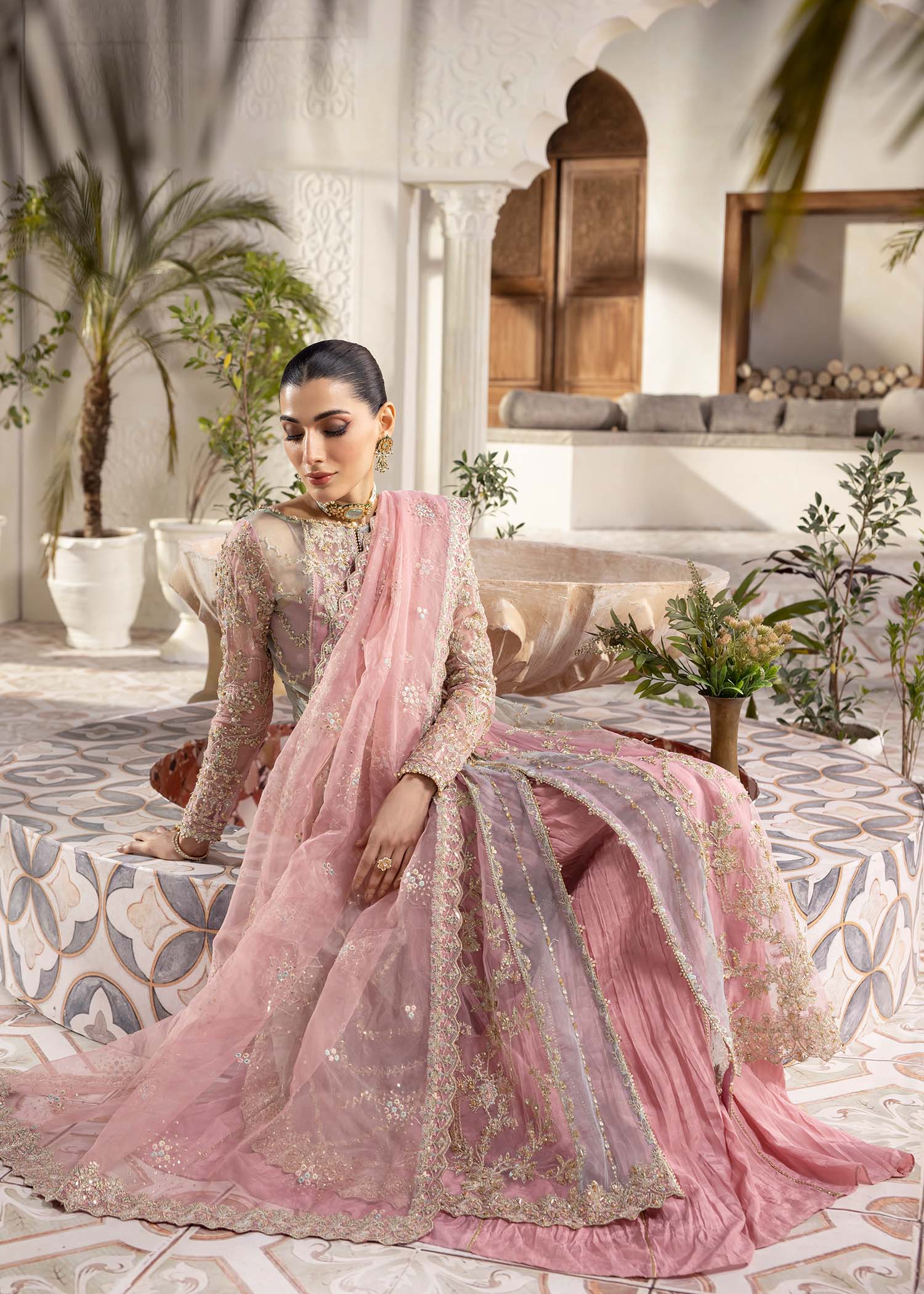 Indian Pink Embroidered Net Pishwas Dress (4-Piece) - Image 8