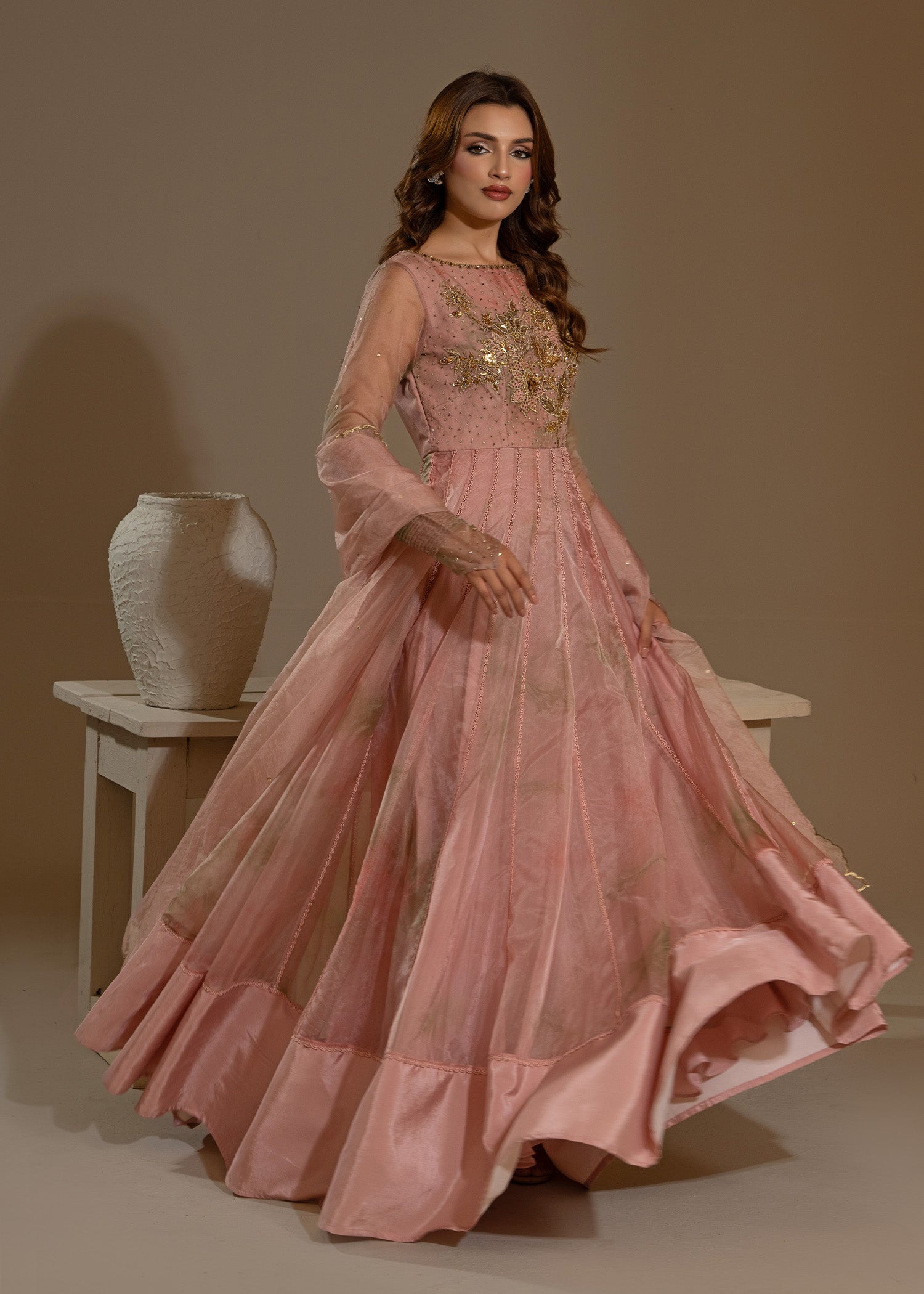 Pakistani Blush Pink Tie & Dye Organza Pishwas (2-Piece) - Image 1