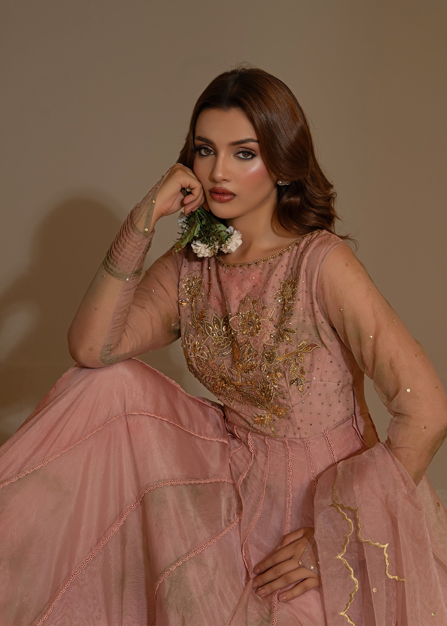 Pakistani Blush Pink Tie & Dye Organza Pishwas (2-Piece) - Image 2