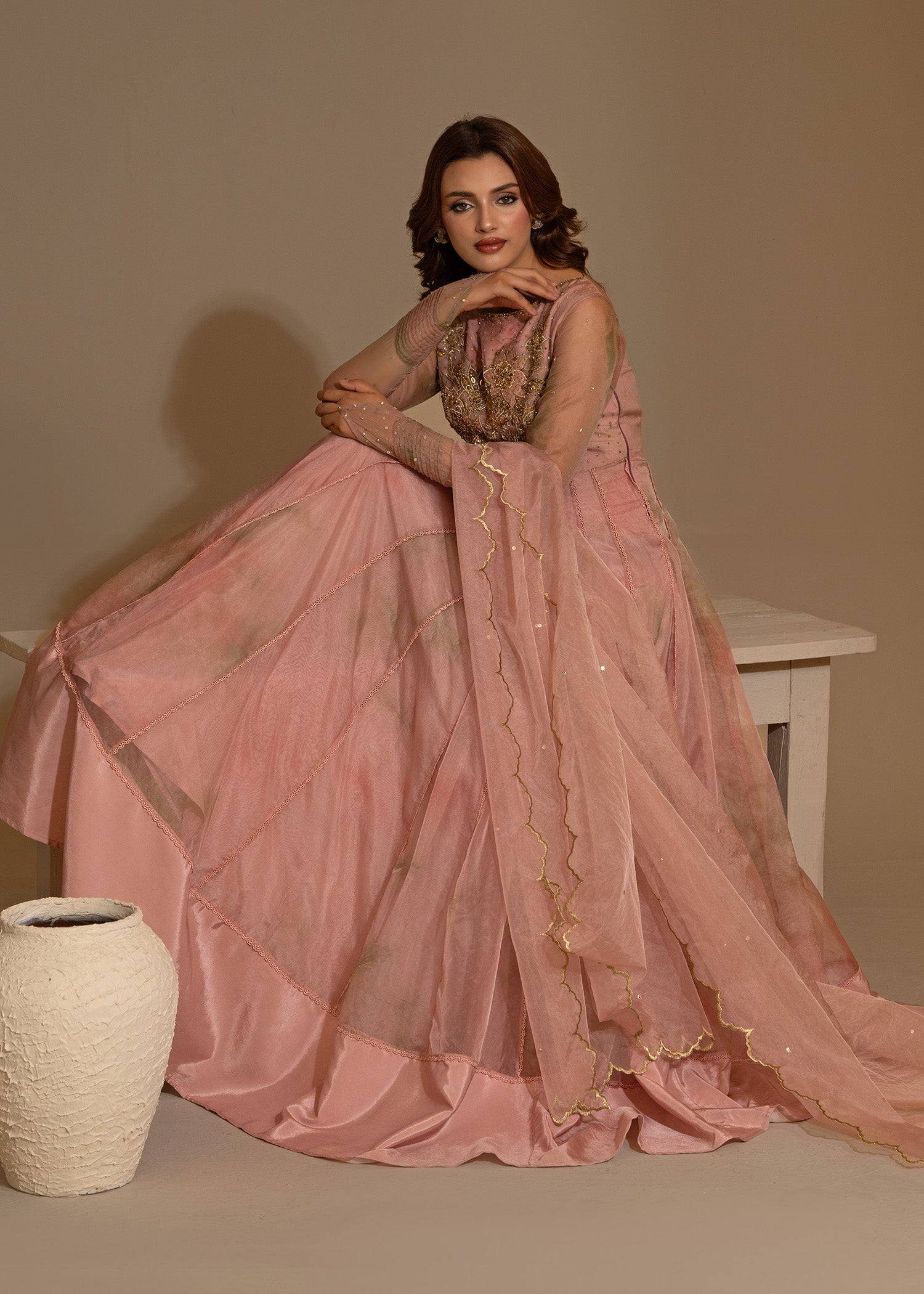 Pakistani Blush Pink Tie & Dye Organza Pishwas (2-Piece) - Image 3