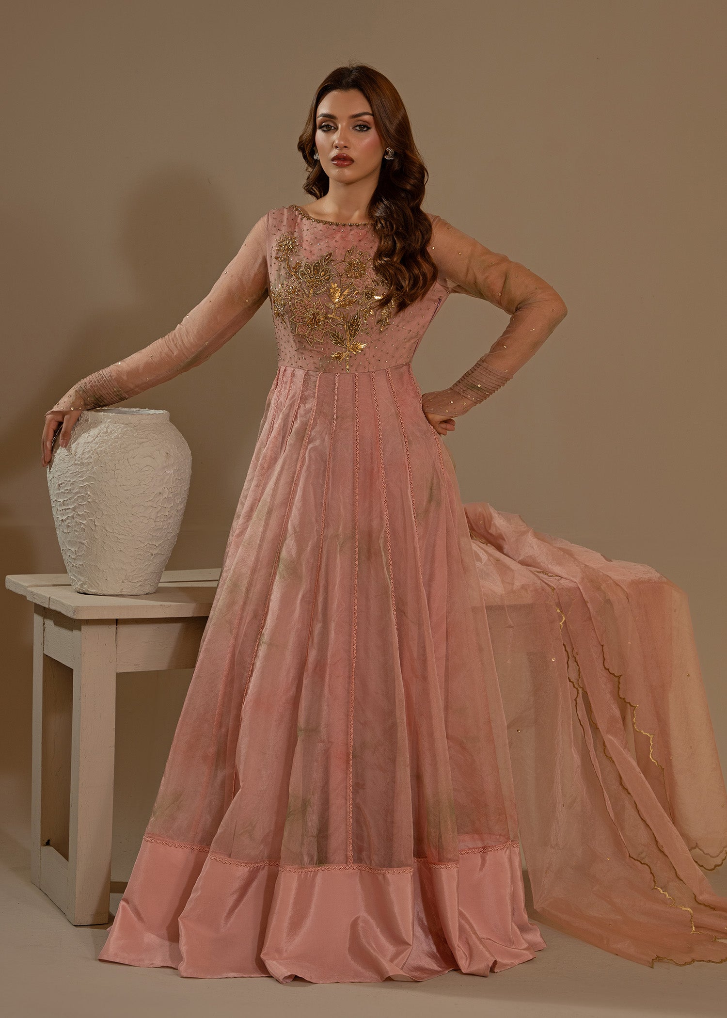 Pakistani Blush Pink Tie & Dye Organza Pishwas (2-Piece) - Image 4