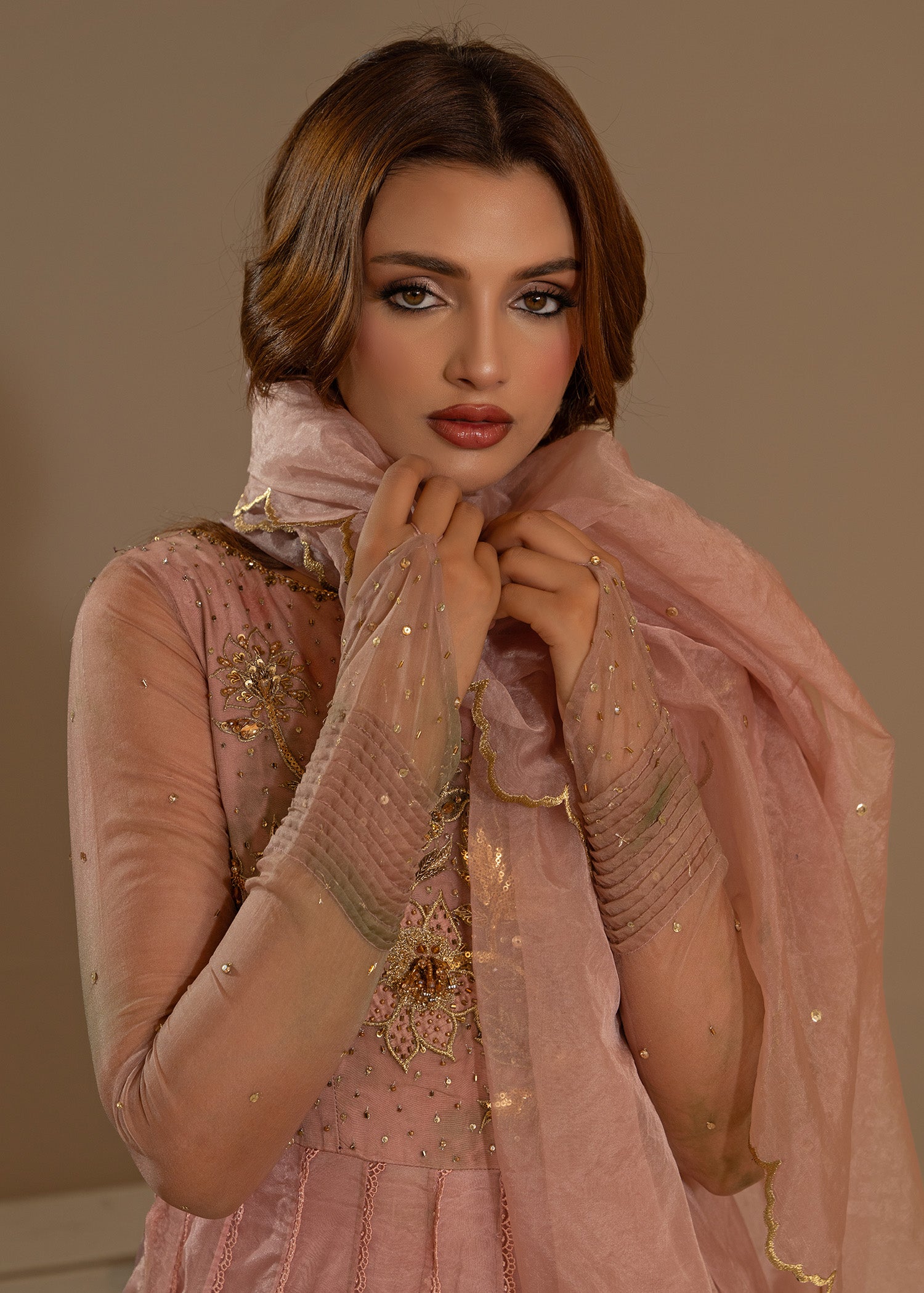 Pakistani Blush Pink Tie & Dye Organza Pishwas (2-Piece) - Image 5