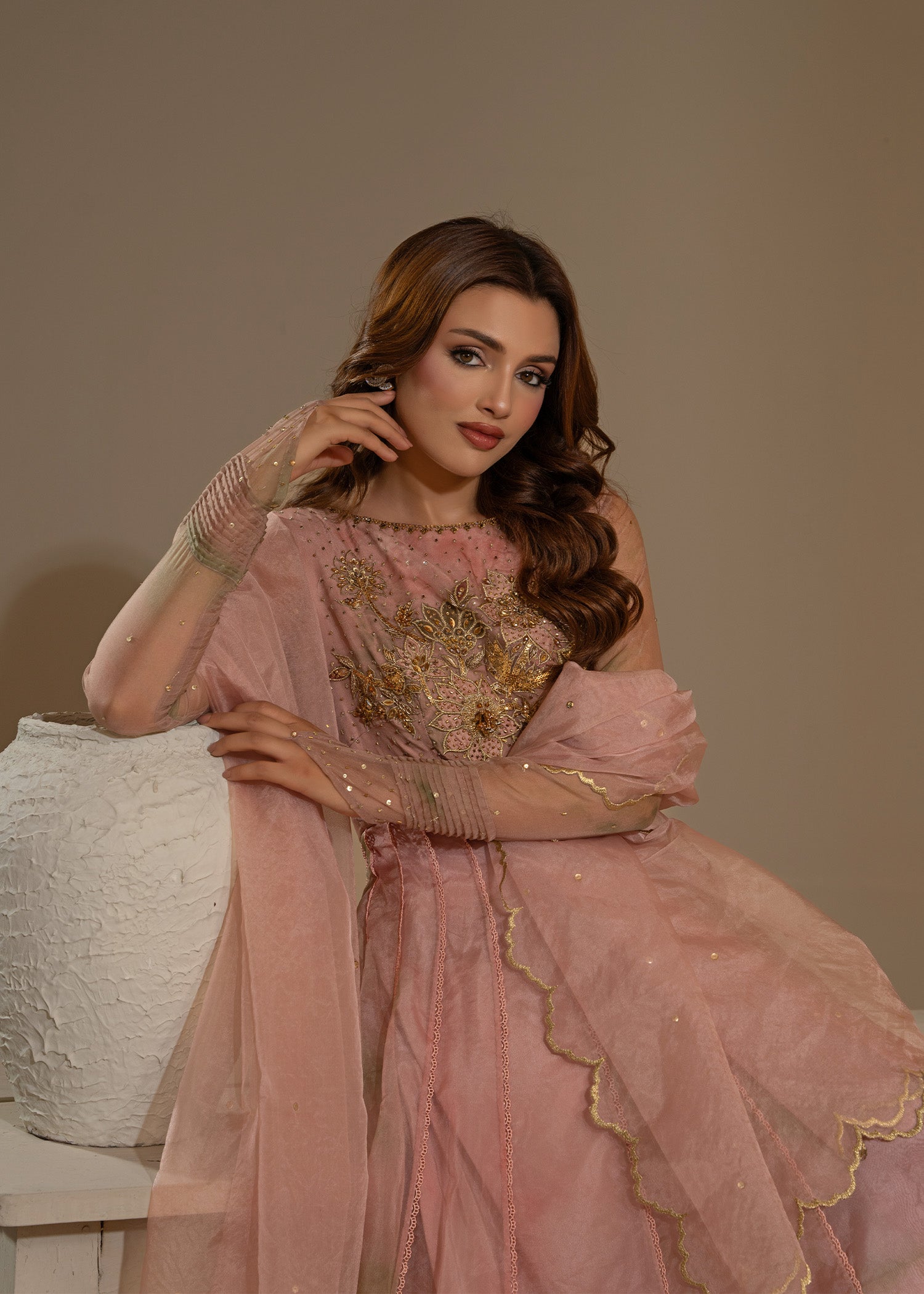 Pakistani Blush Pink Tie & Dye Organza Pishwas (2-Piece) - Image 6