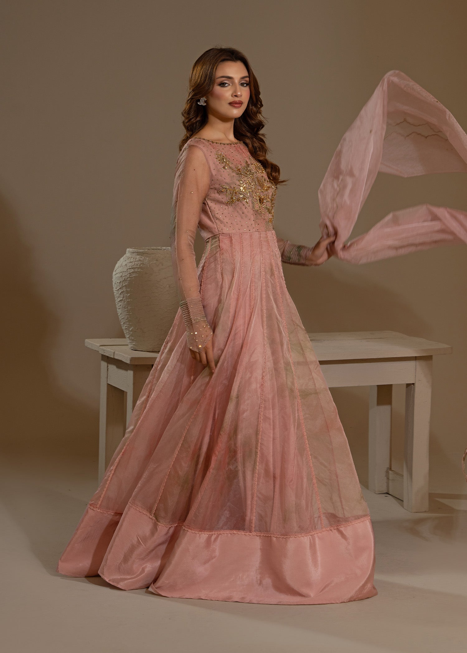 Pakistani Blush Pink Tie & Dye Organza Pishwas (2-Piece) - Image 7