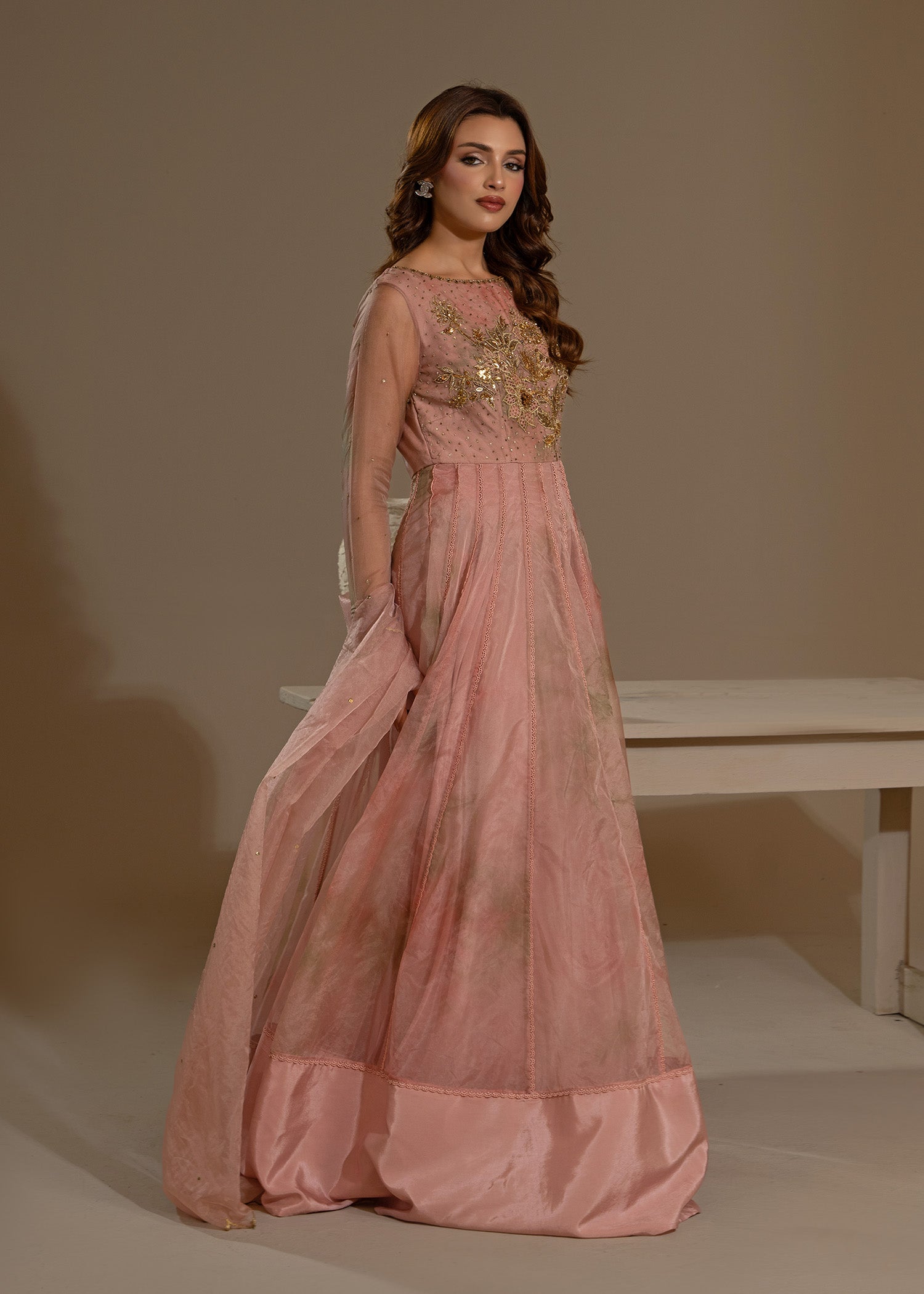 Pakistani Blush Pink Tie & Dye Organza Pishwas (2-Piece) - Image 8