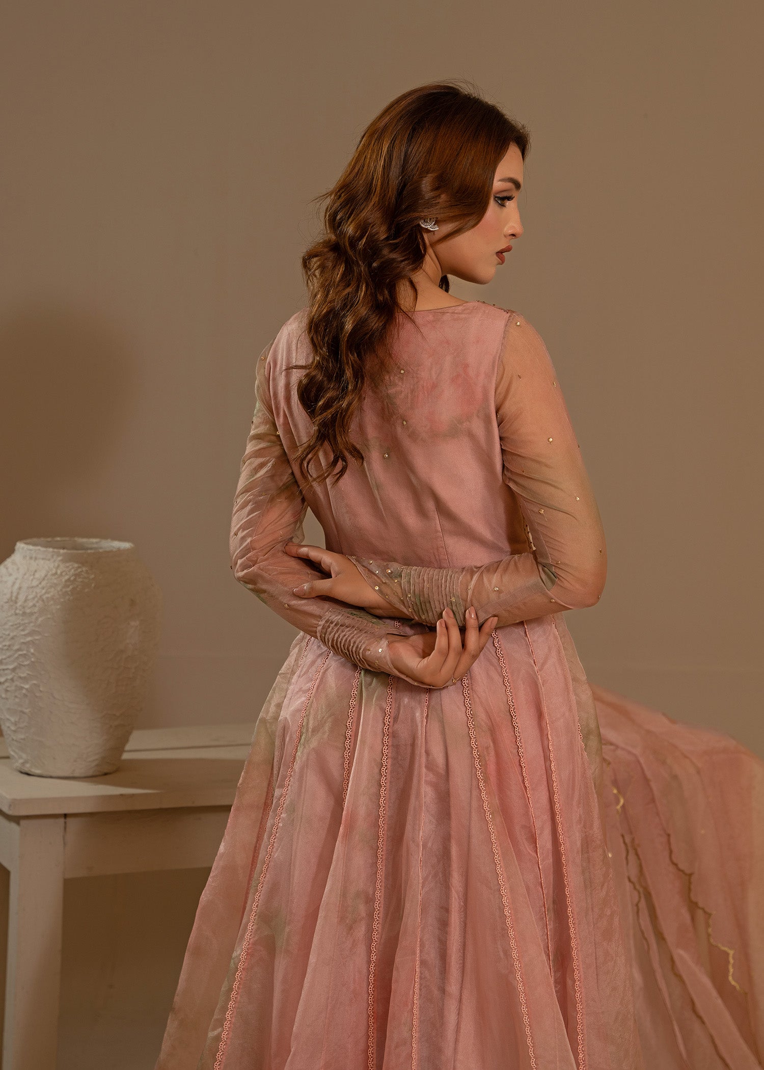 Pakistani Blush Pink Tie & Dye Organza Pishwas (2-Piece) - Image 9