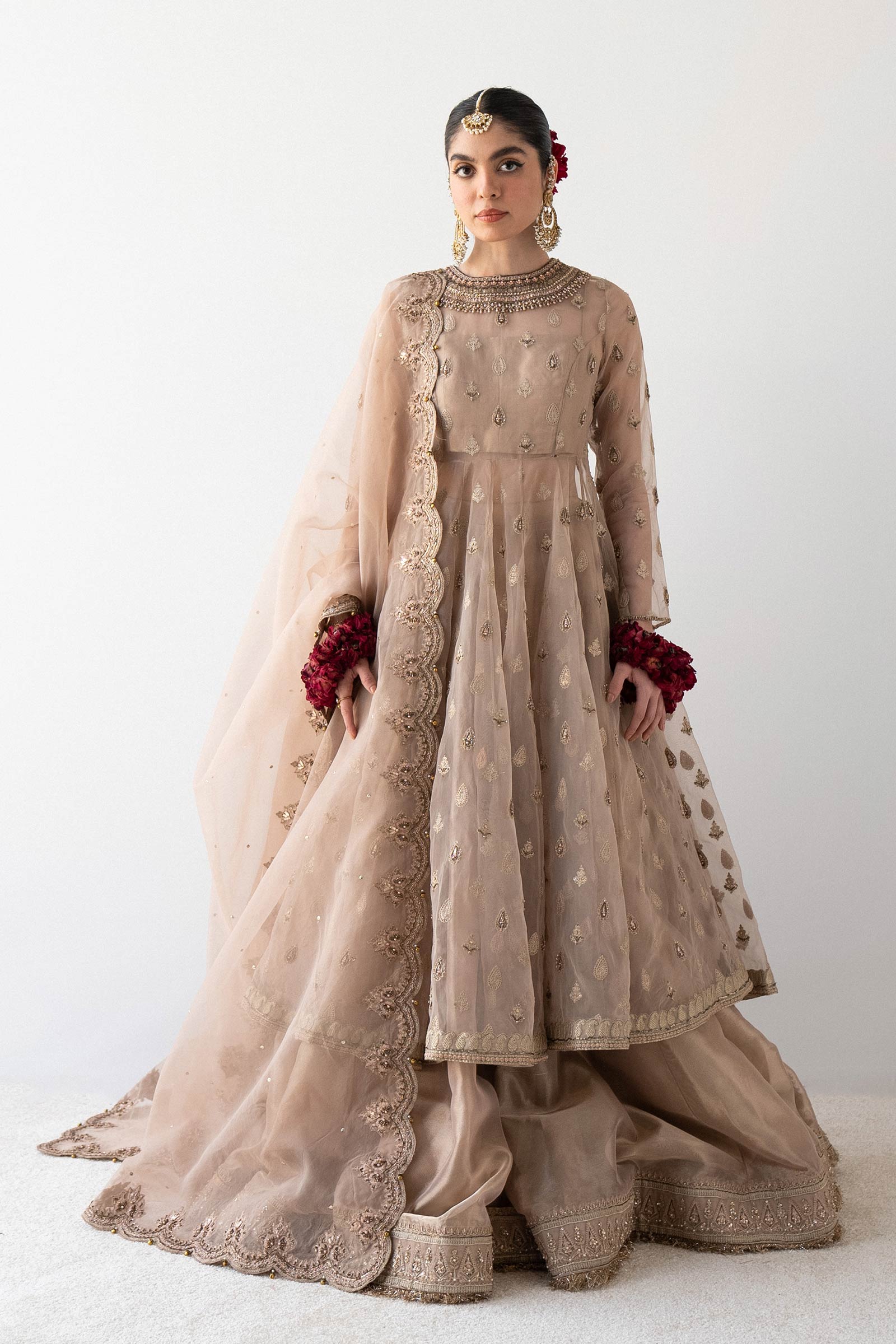 Pakistani Tea Pink Embroidered Organza Pishwas Dress (3-Piece) - Image 1