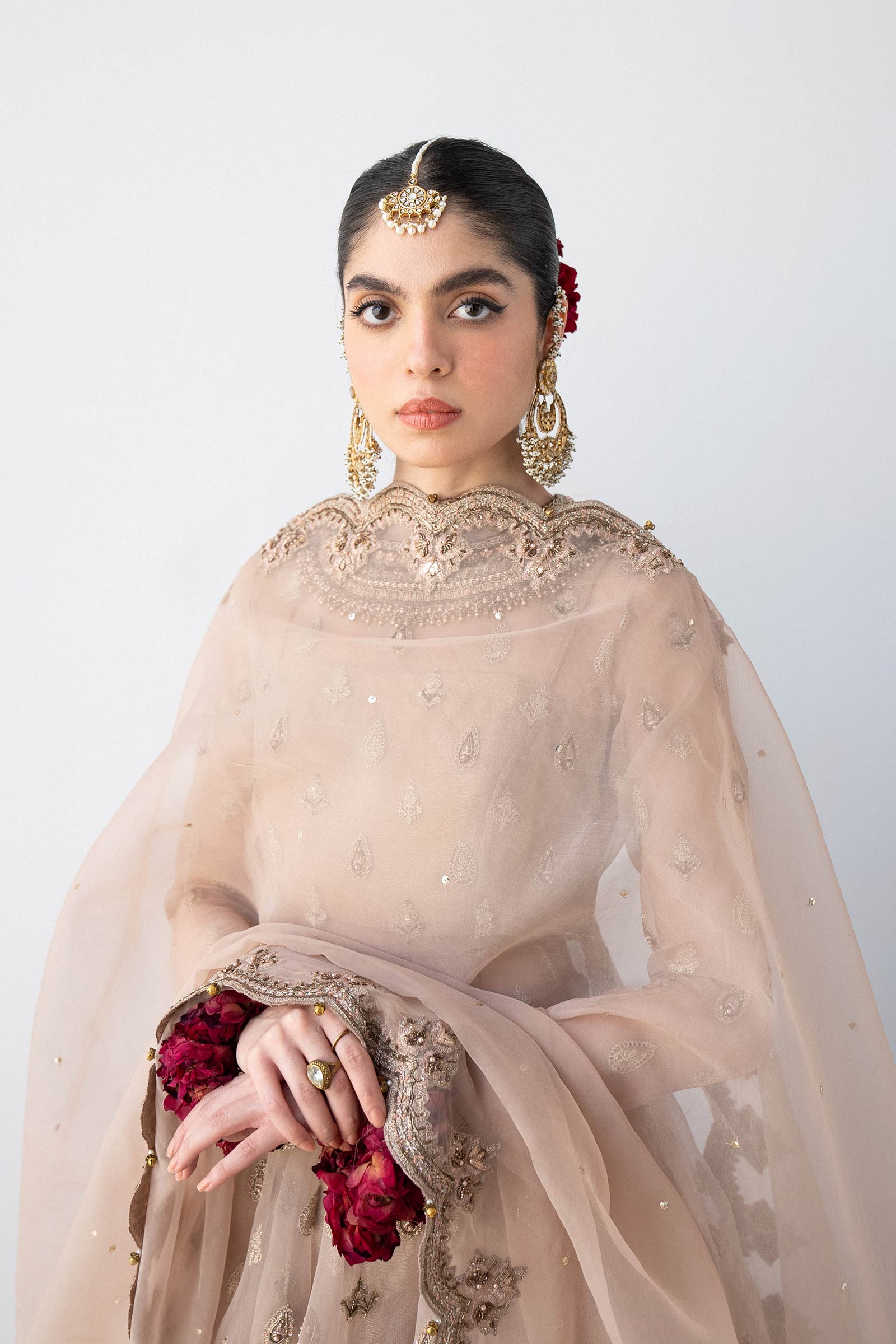 Pakistani Tea Pink Embroidered Organza Pishwas Dress (3-Piece) - Image 2