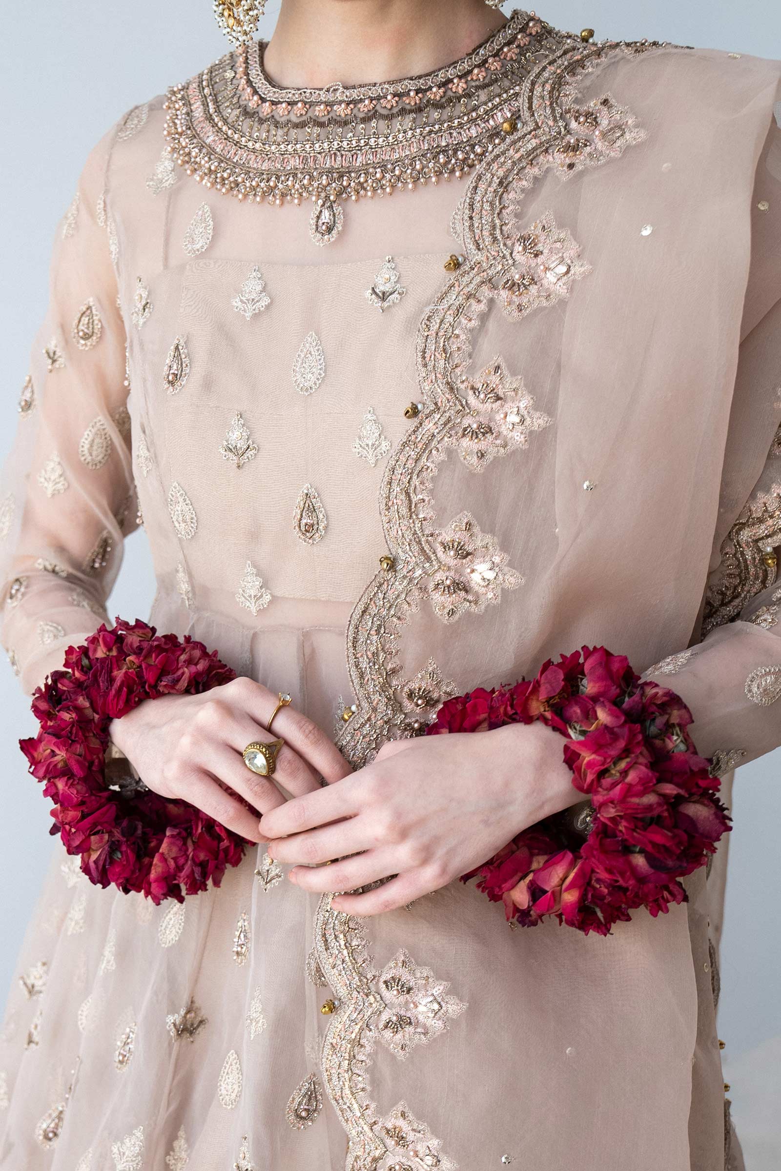 Pakistani Tea Pink Embroidered Organza Pishwas Dress (3-Piece) - Image 3