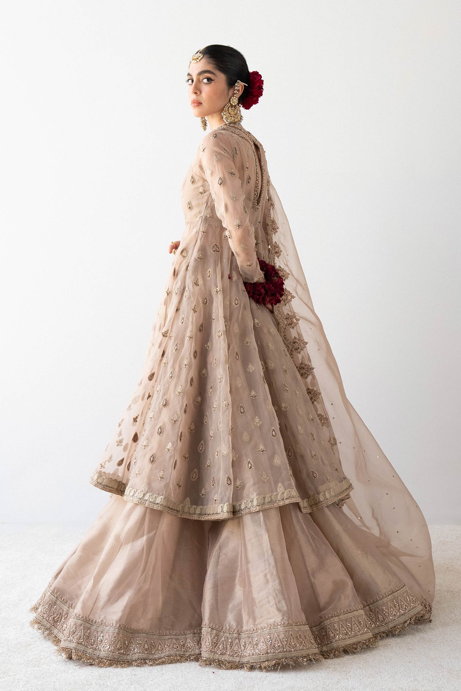 Pakistani Tea Pink Embroidered Organza Pishwas Dress (3-Piece) - Image 4