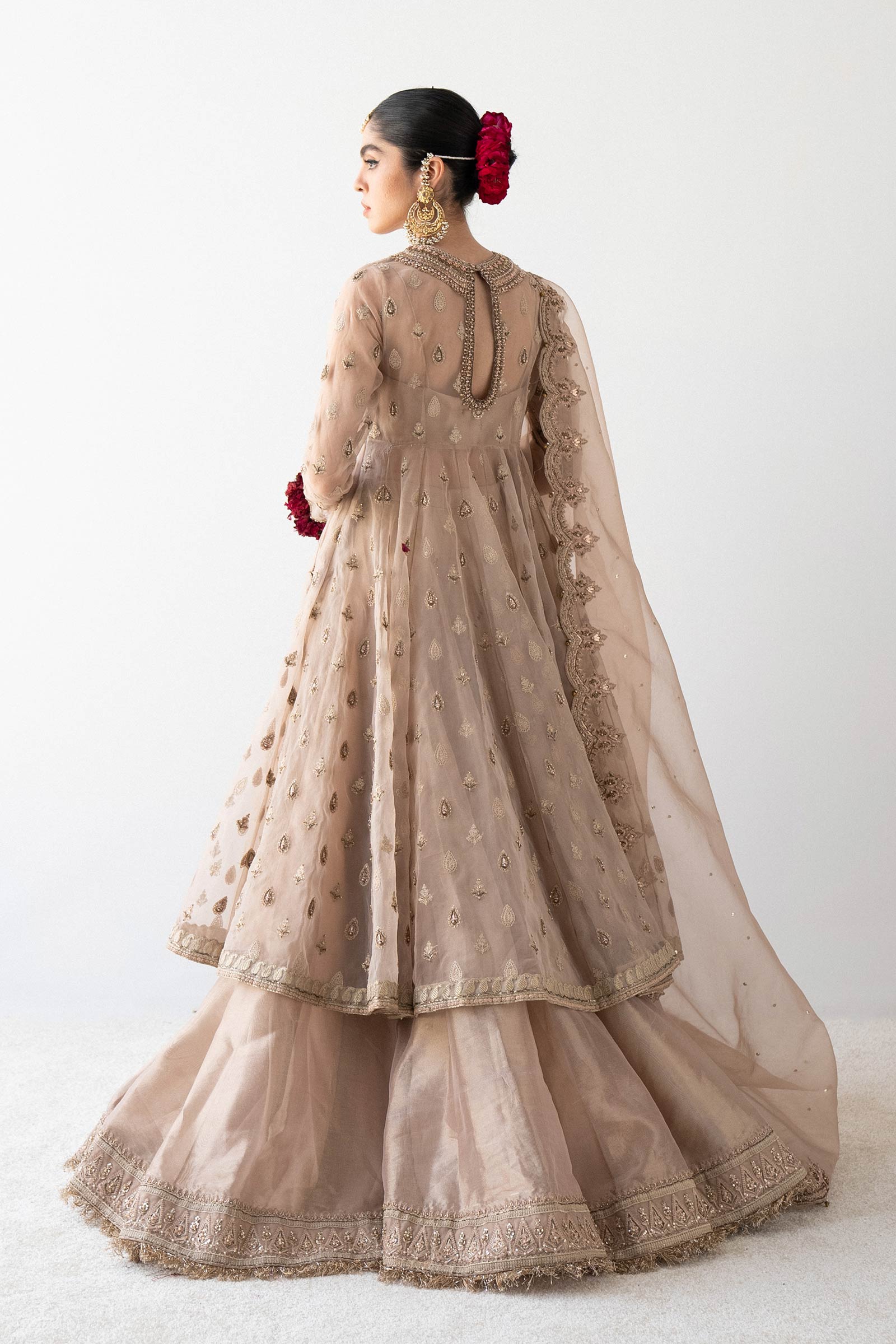 Pakistani Tea Pink Embroidered Organza Pishwas Dress (3-Piece) - Image 6