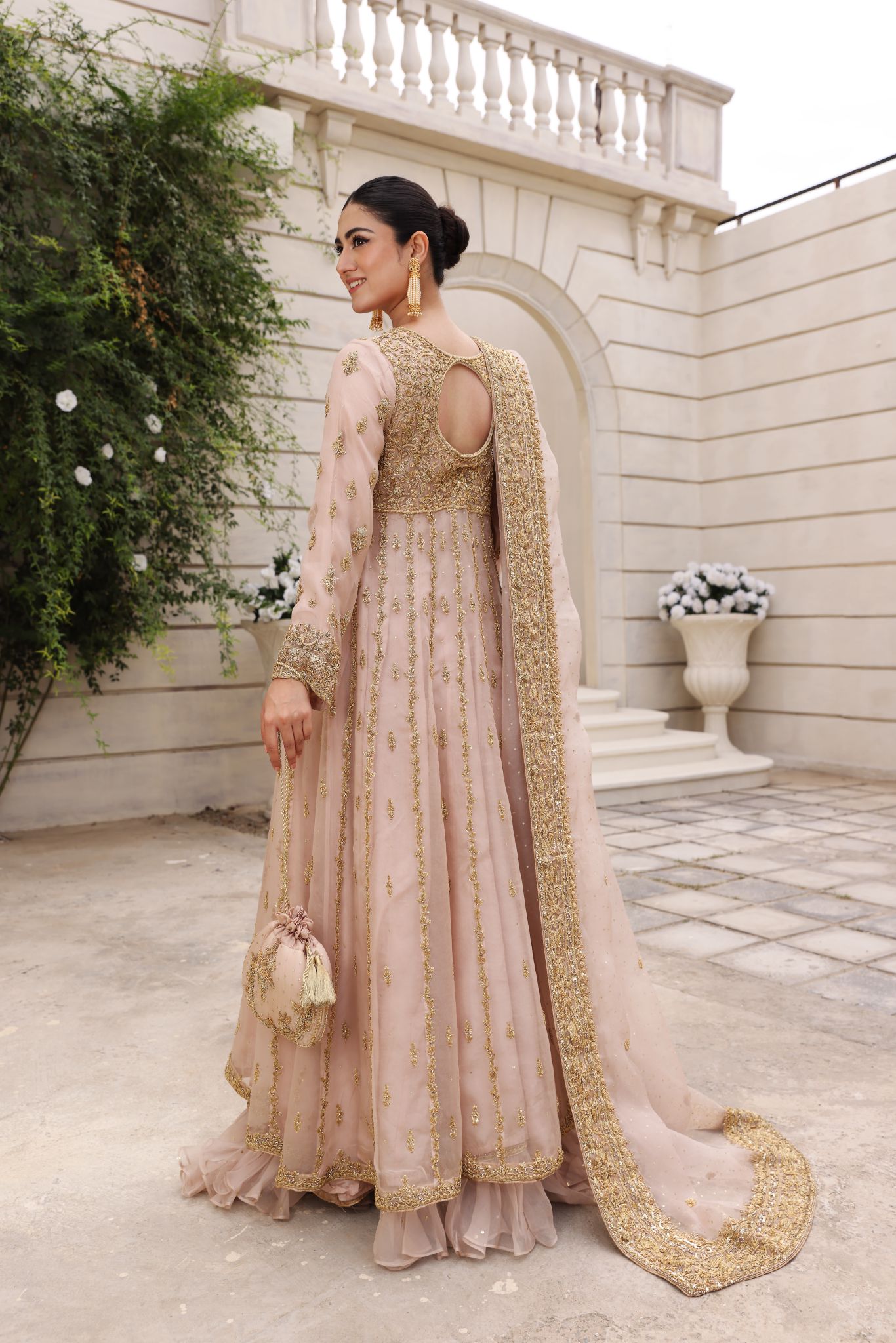 Blush Pink Gold Ada Work Organza Pishwas (2-Piece) - Image 3
