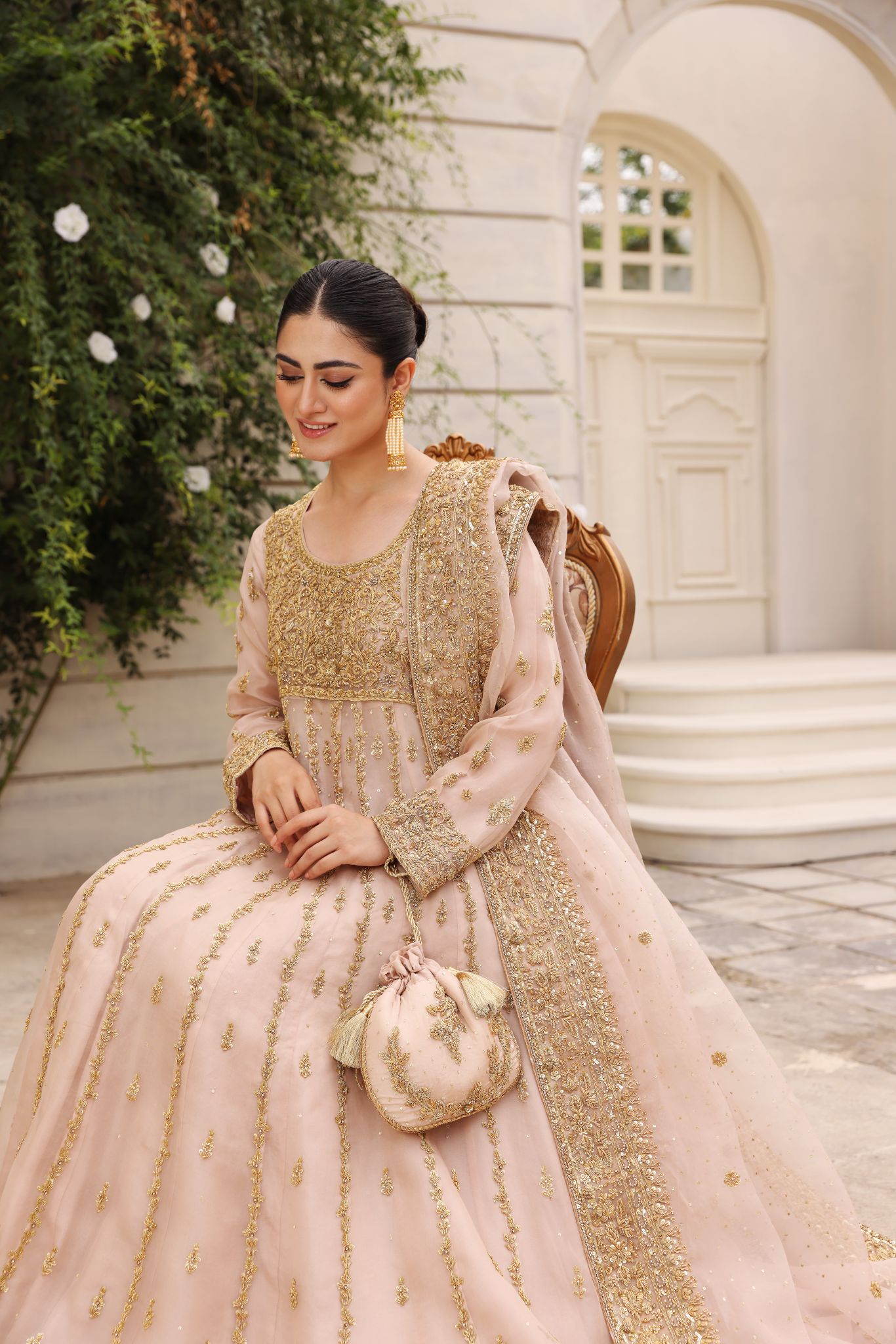 Blush Pink Gold Ada Work Organza Pishwas (2-Piece) - Image 4