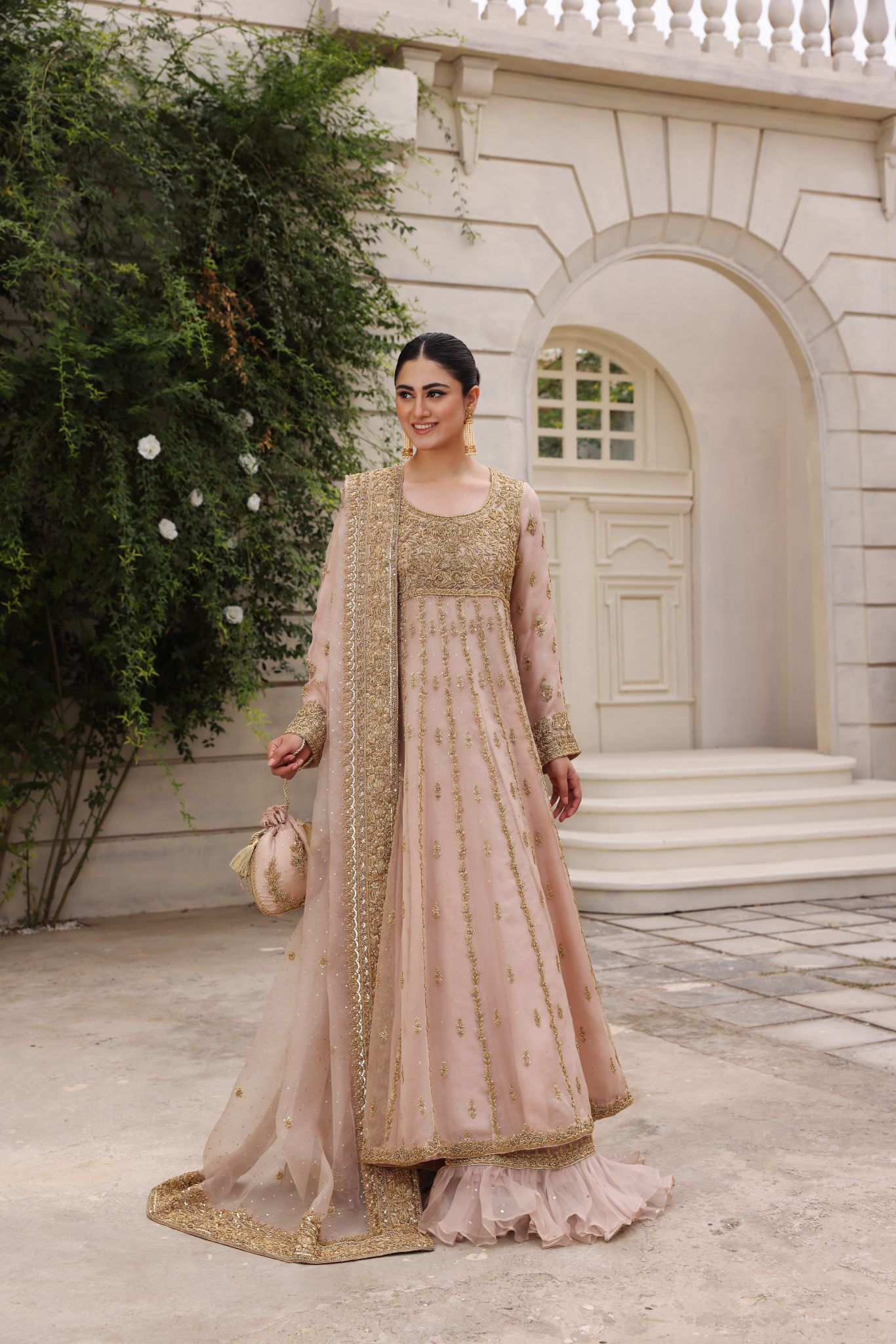 Blush Pink Gold Ada Work Organza Pishwas (2-Piece) - Image 6