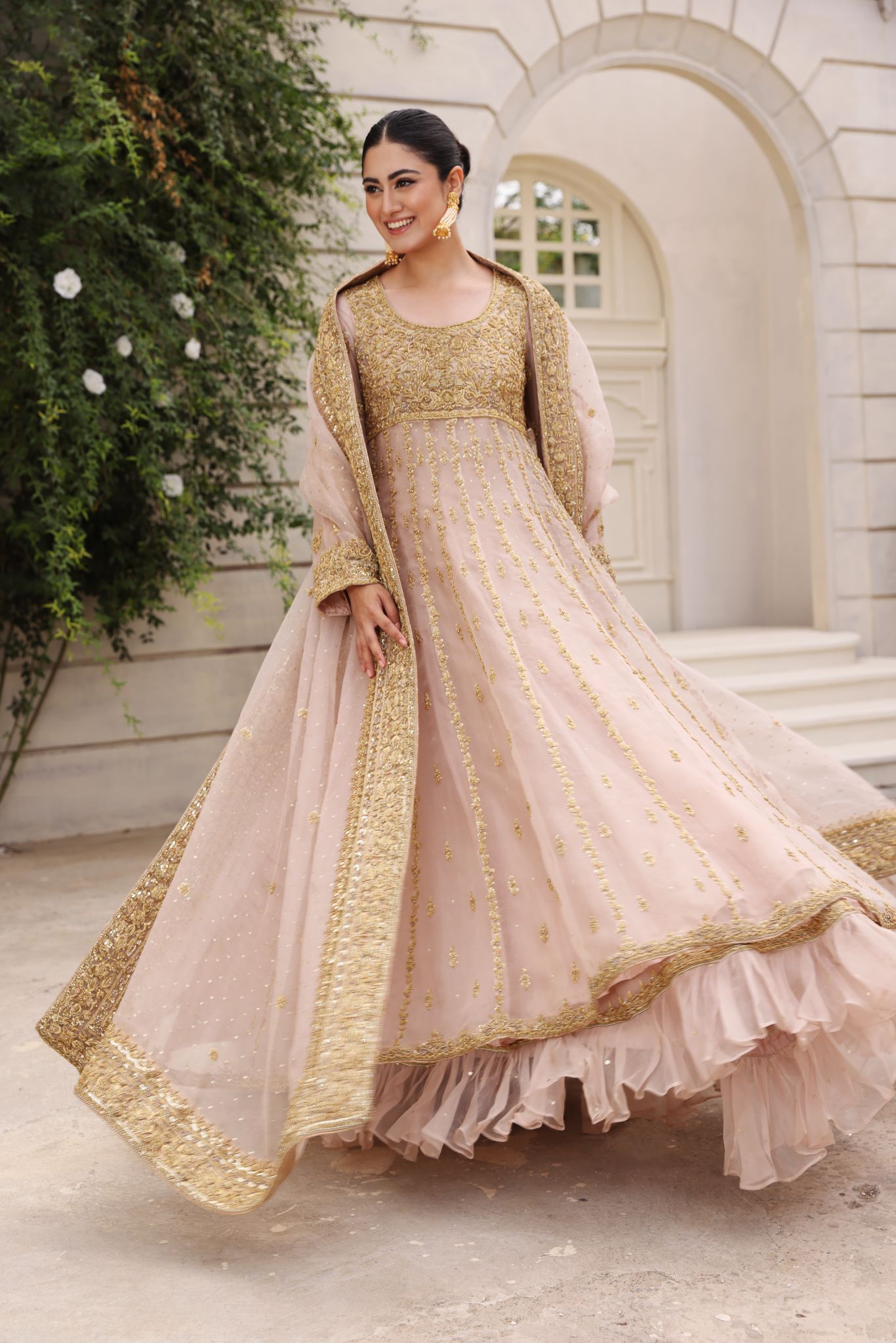 Blush Pink Gold Ada Work Organza Pishwas (2-Piece) - Image 7