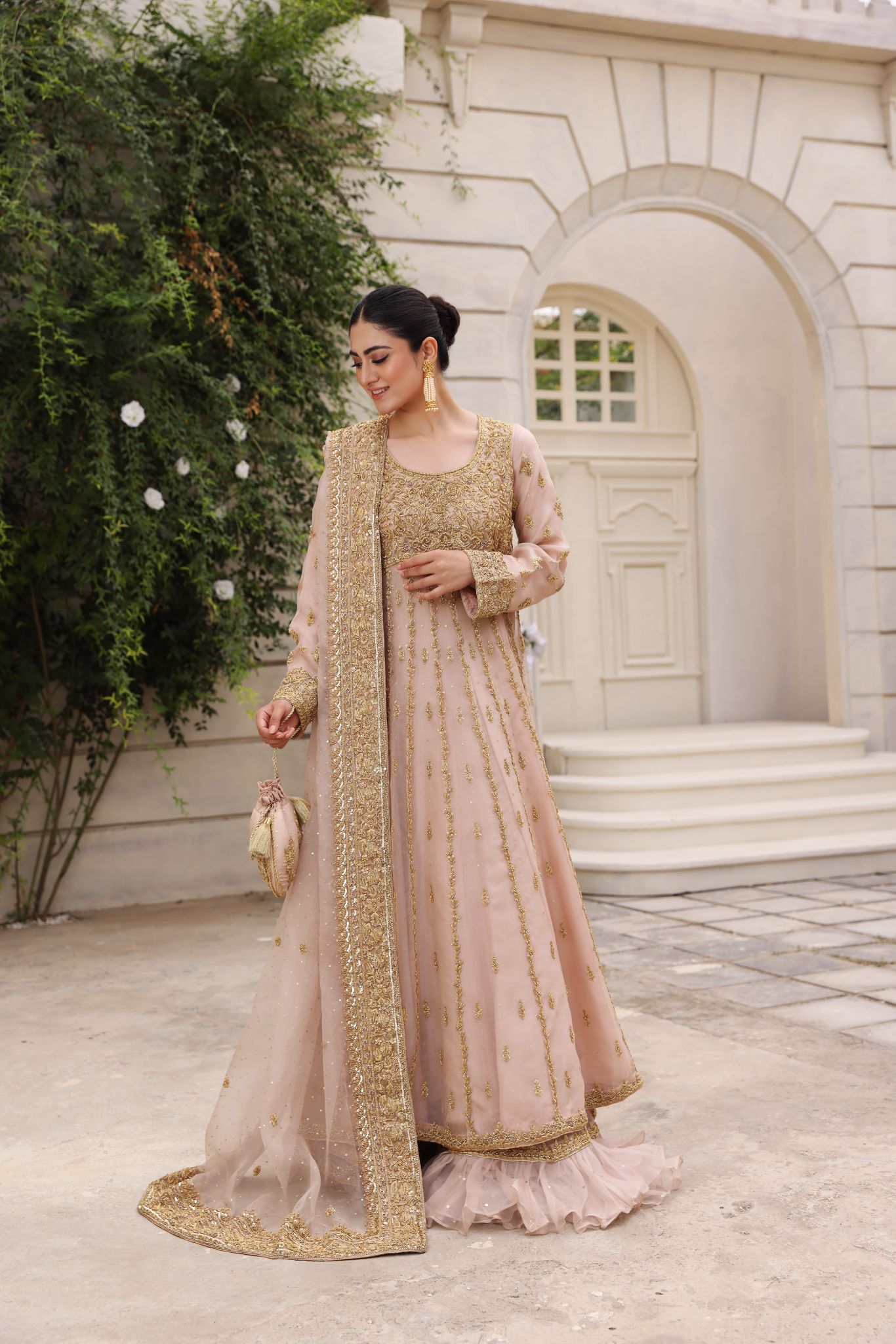 Blush Pink Gold Ada Work Organza Pishwas (2-Piece) - Image 8