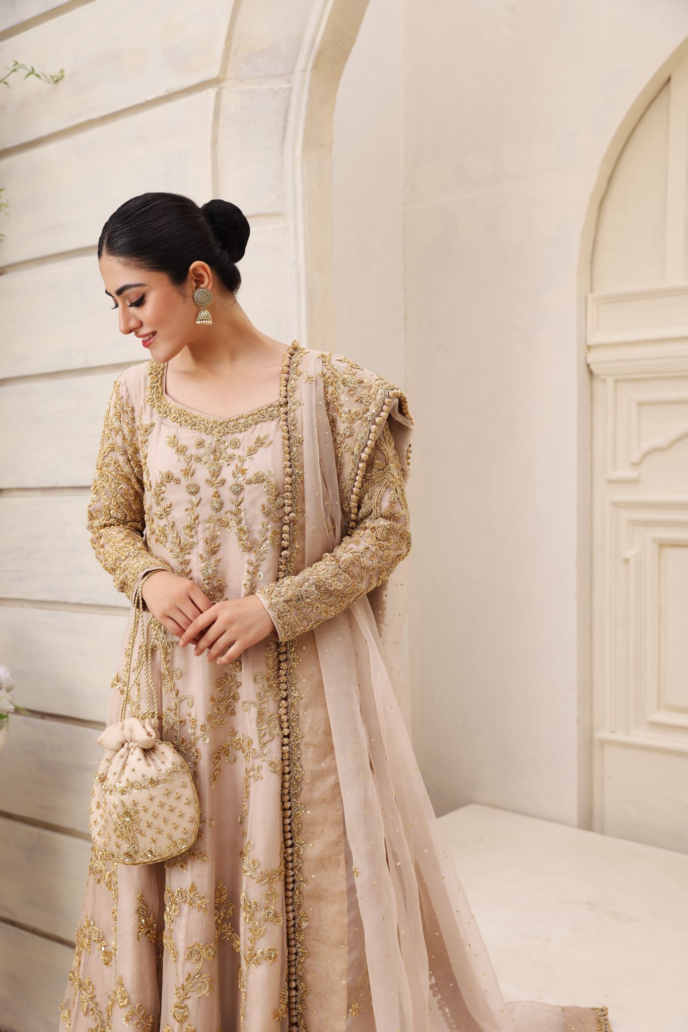 Blush Pink Gold Ada Work Organza Pishwas (3-Piece) - Image 2