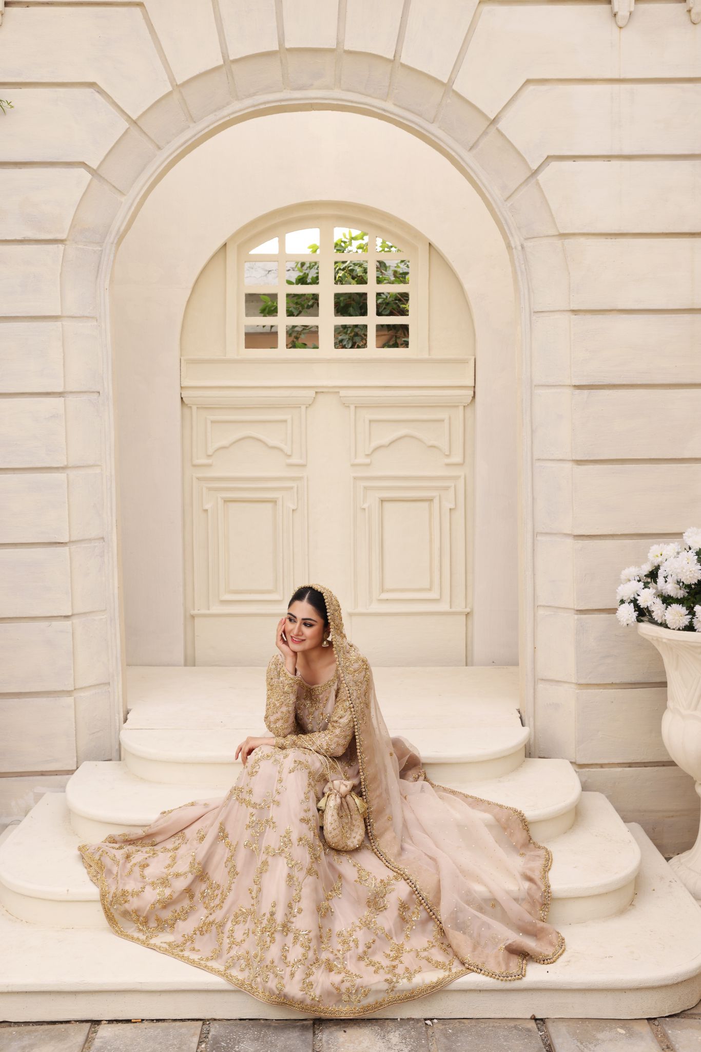 Blush Pink Gold Ada Work Organza Pishwas (3-Piece) - Image 4