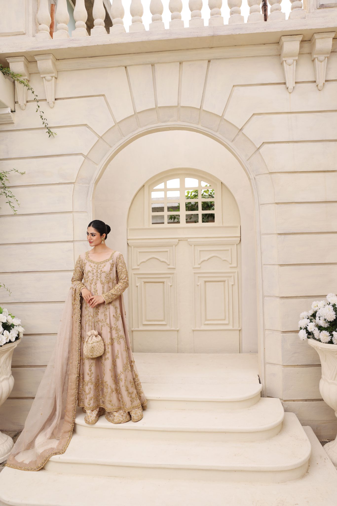 Blush Pink Gold Ada Work Organza Pishwas (3-Piece) - Image 5