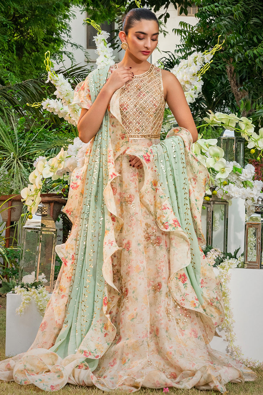 Pakistani Peach Floral Organza Pishwas Dress (3-Piece) - Image 1
