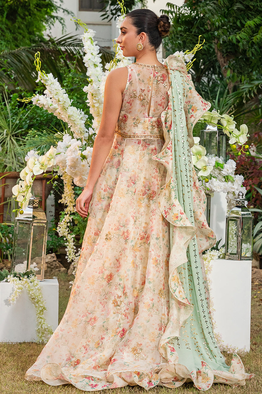 Pakistani Peach Floral Organza Pishwas Dress (3-Piece) - Image 2