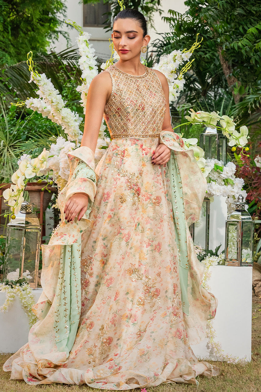 Pakistani Peach Floral Organza Pishwas Dress (3-Piece) - Image 3