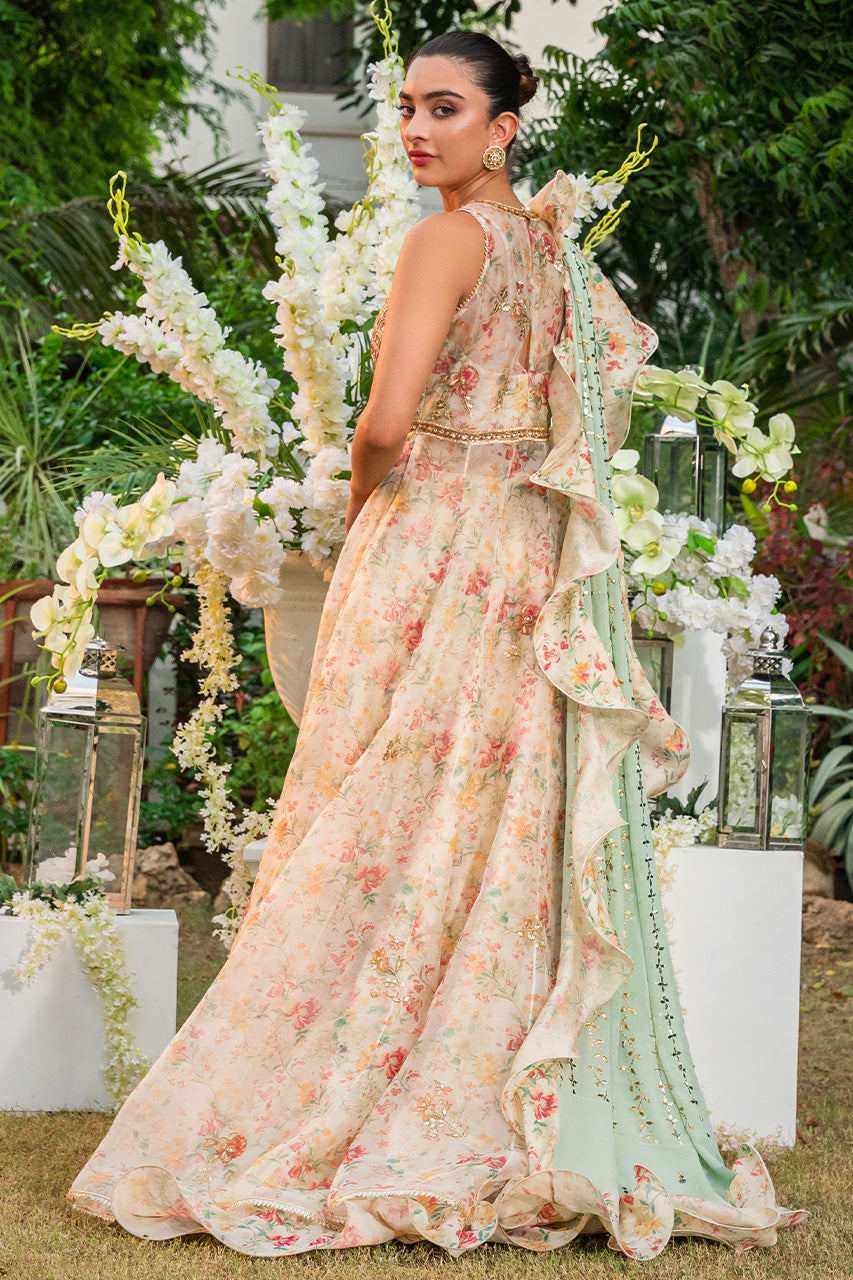 Pakistani Peach Floral Organza Pishwas Dress (3-Piece) - Image 4