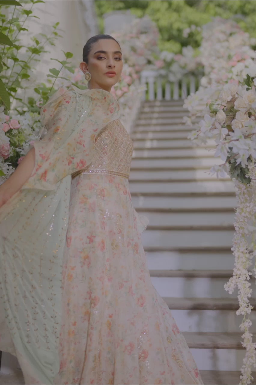 Pakistani Peach Floral Organza Pishwas Dress (3-Piece) - Image 5