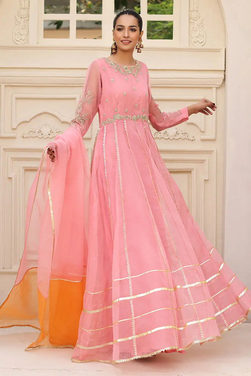 Pink Gota-Embroidered Organza Pishwas (2-Piece) - Image 1