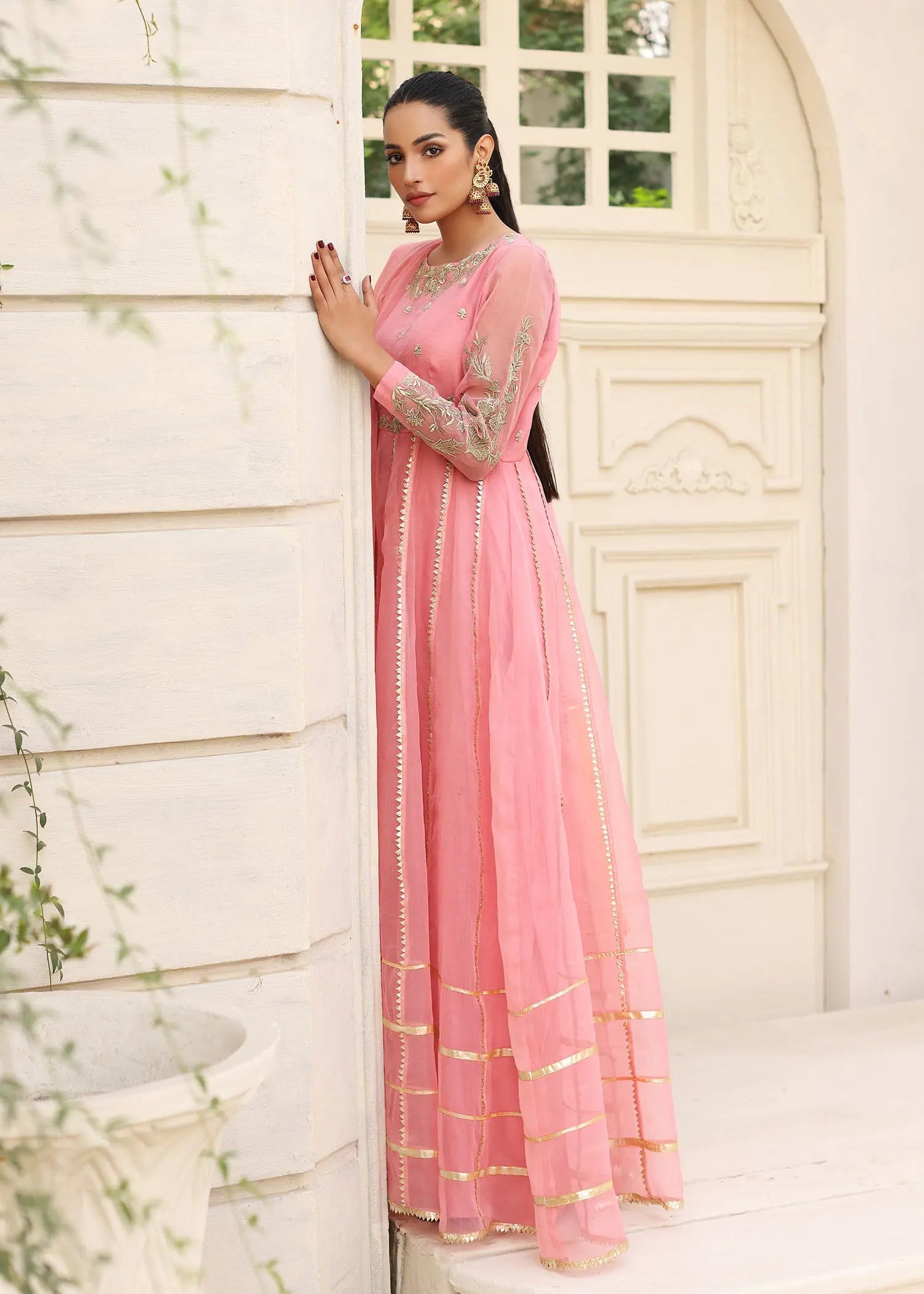 Pink Gota-Embroidered Organza Pishwas (2-Piece) - Image 5
